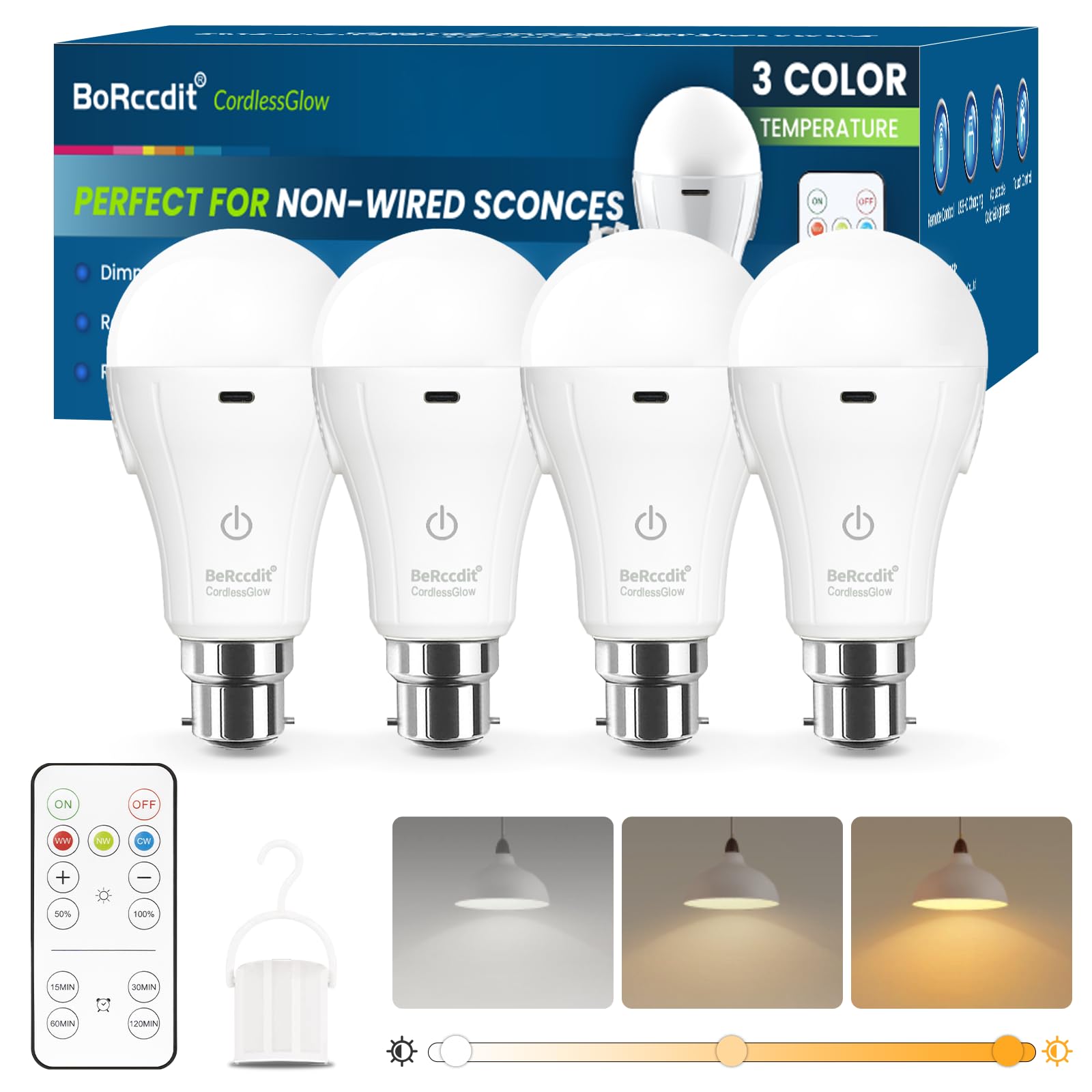 BoRccdit CordlessGlow Rechargeable Light Bulb B22, Dimmable & 3-Color Modes with Remote,15W LED 60W Equivalent, 2000mAh USB Charge Battery Up to 24H, No Wiring for Power Cuts, Camping, Closets, 4-Pack โ image 1
