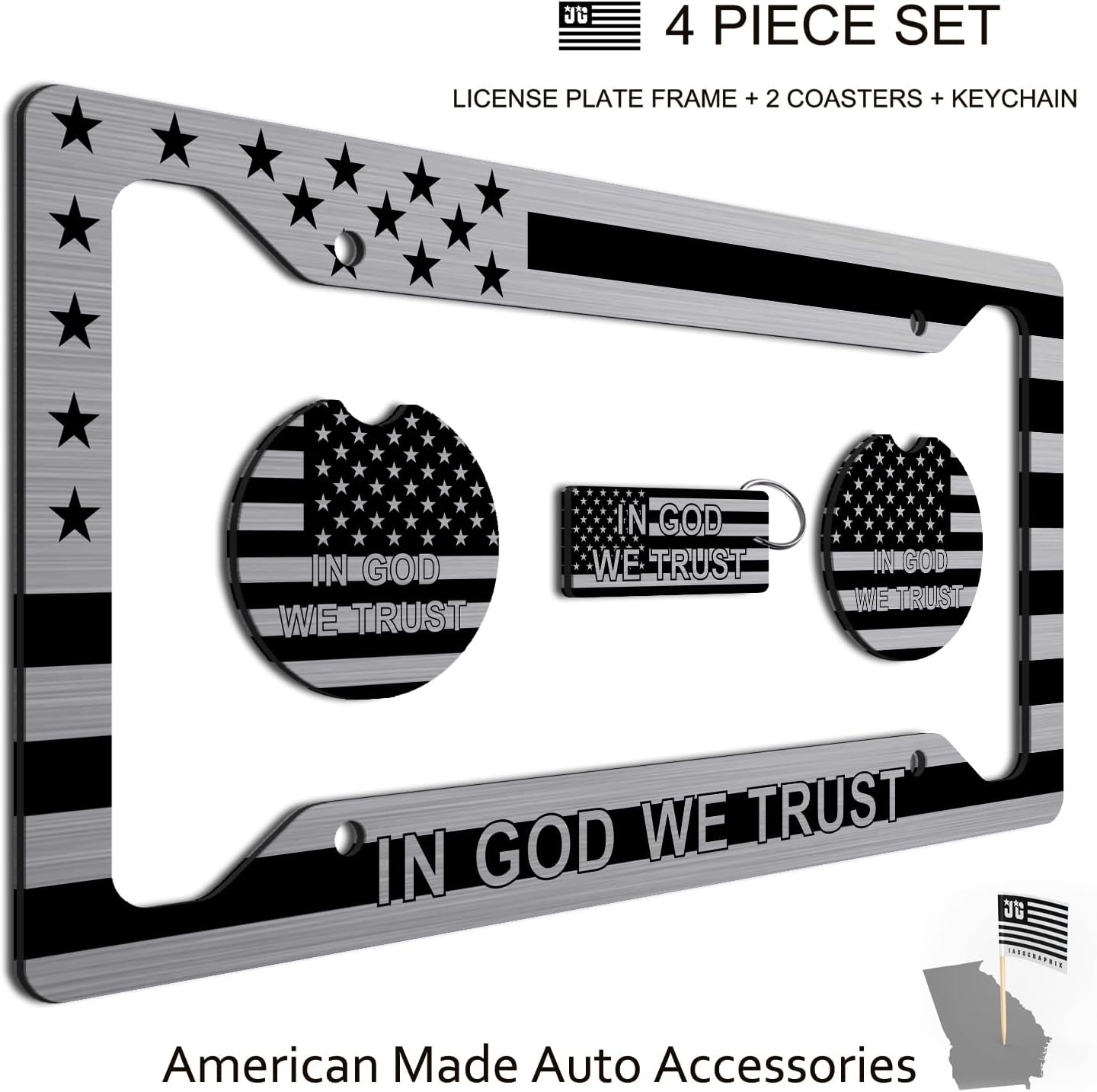 American Flag in God We Trust License Plate Frame and Keychain + Coaters Perfect for Anyone who Loves God and Country! Tactical Patriot Brush License Plate Frame Made in The USA
