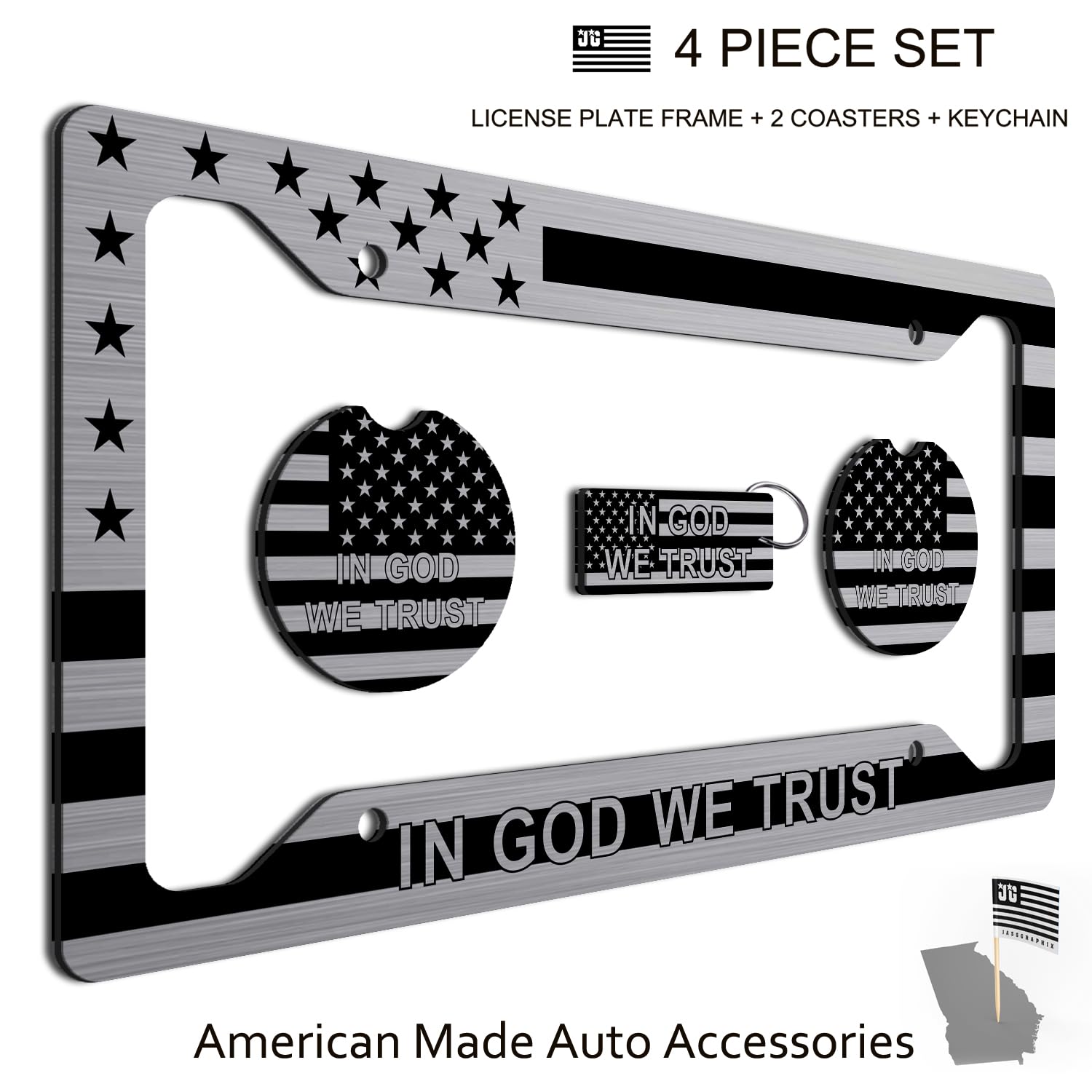 American Flag in God We Trust License Plate Frame and Keychain + Coaters Perfect for Anyone who Loves God and Country! Tactical Patriot Brush License Plate Frame Made in The USA