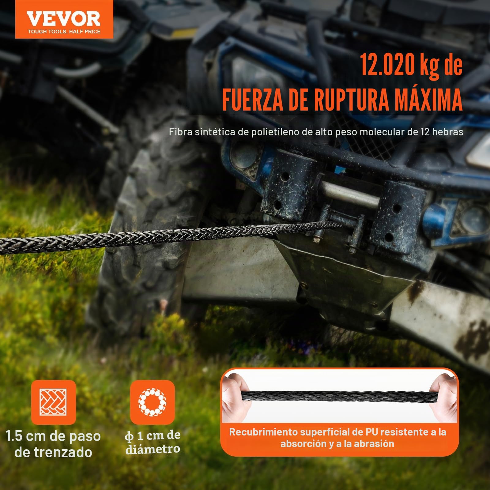 VEVOR Cuerda de cabrestante de 9,5 mm x 30,5 m, cable sintético de resistencia a la rotura de 117,9 kN con funda protectora, gancho de cabrestante forjado, correa de tracción para SUV, vehículos todot