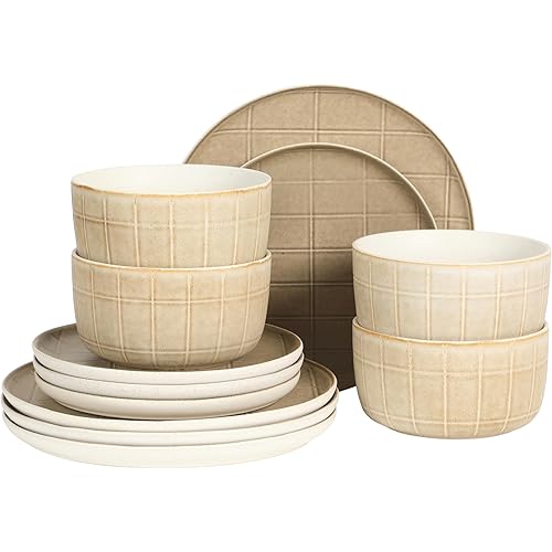Gisbon Elite Butterwick 12 Piece Plates and Bowls Stoneware Dinnerware Set - Brown Blush Pink Reactive Glaze Patterned Dishes - Microwave and Dishwasher Safe
