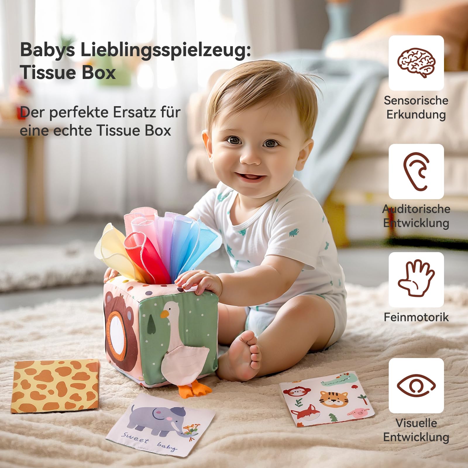 Boîte à Mouchoirs Sensorielle Montessori pour Bébé 0-12 Mois avec Miroir et Foulards