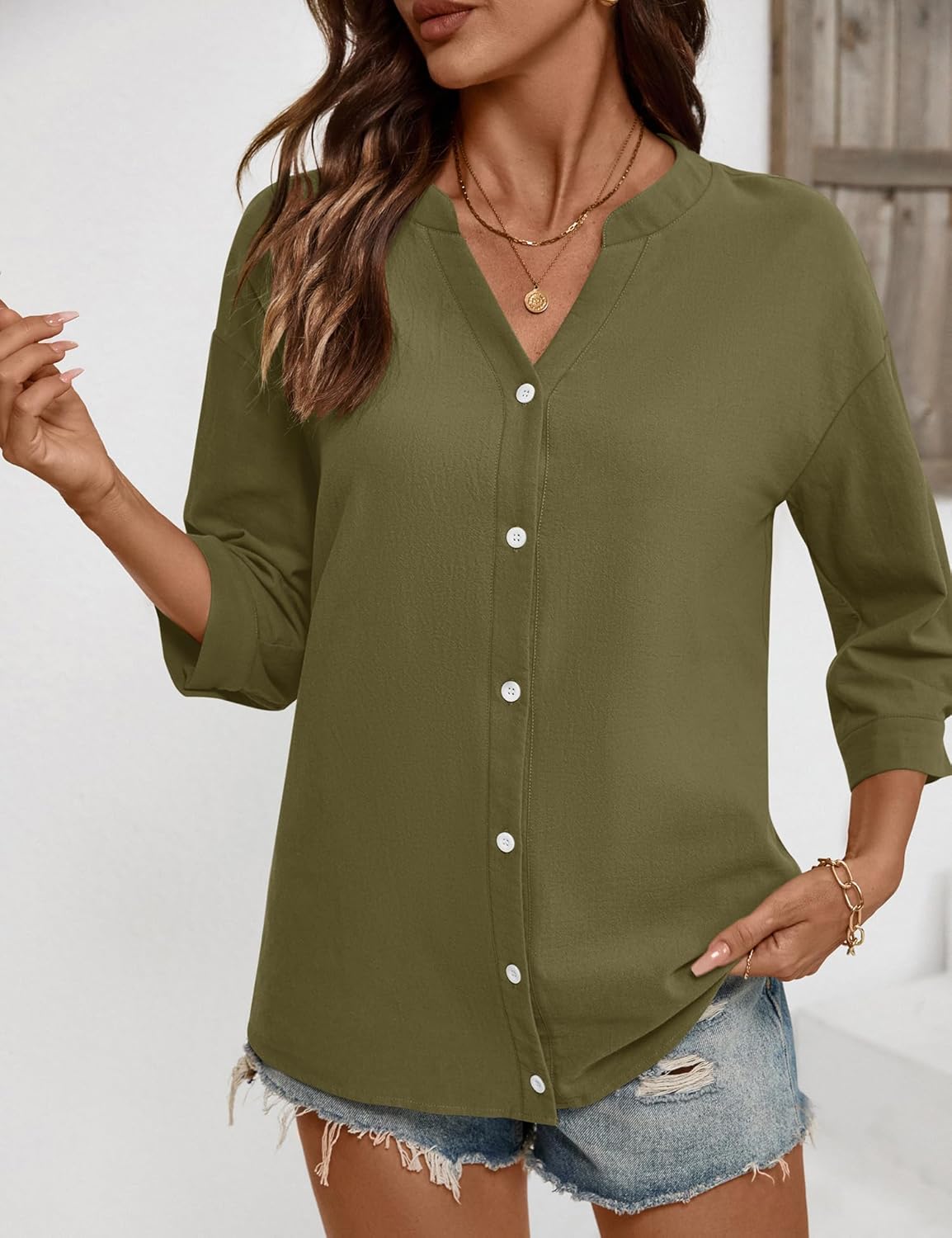LOMON Cotton 3/4 Sleeve Button Down Shirts for Women V Neck Casual Loose Button Up Blouse - Image 5