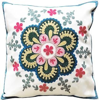 VOGOL Bohemian Floral Embroidery Throw Pillow Cover 18x18 Inch - Handmade Cushion Case for Home Car Decor