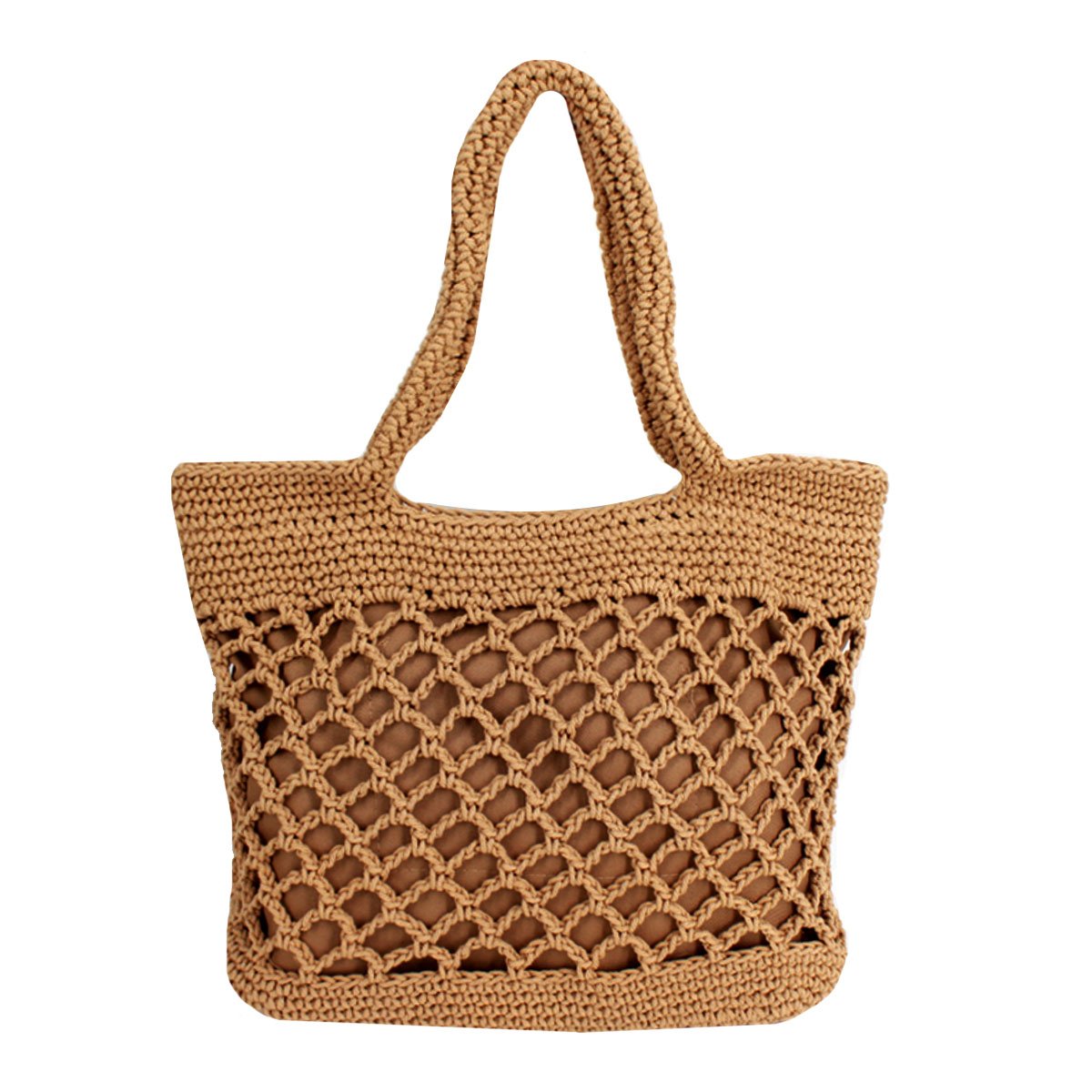 Bolso de mano de verano o playa, estilo informal, tejido de hilos de algodón, hecho a mano, marrón claro, Talla única