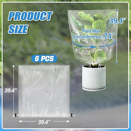 Vista 13 de ANPHSIN 6 piezas de película de invierno para plantas con cordón, cubierta de plástico de 35.4 x 59 pulgadas, protección contra congelación, bolsa