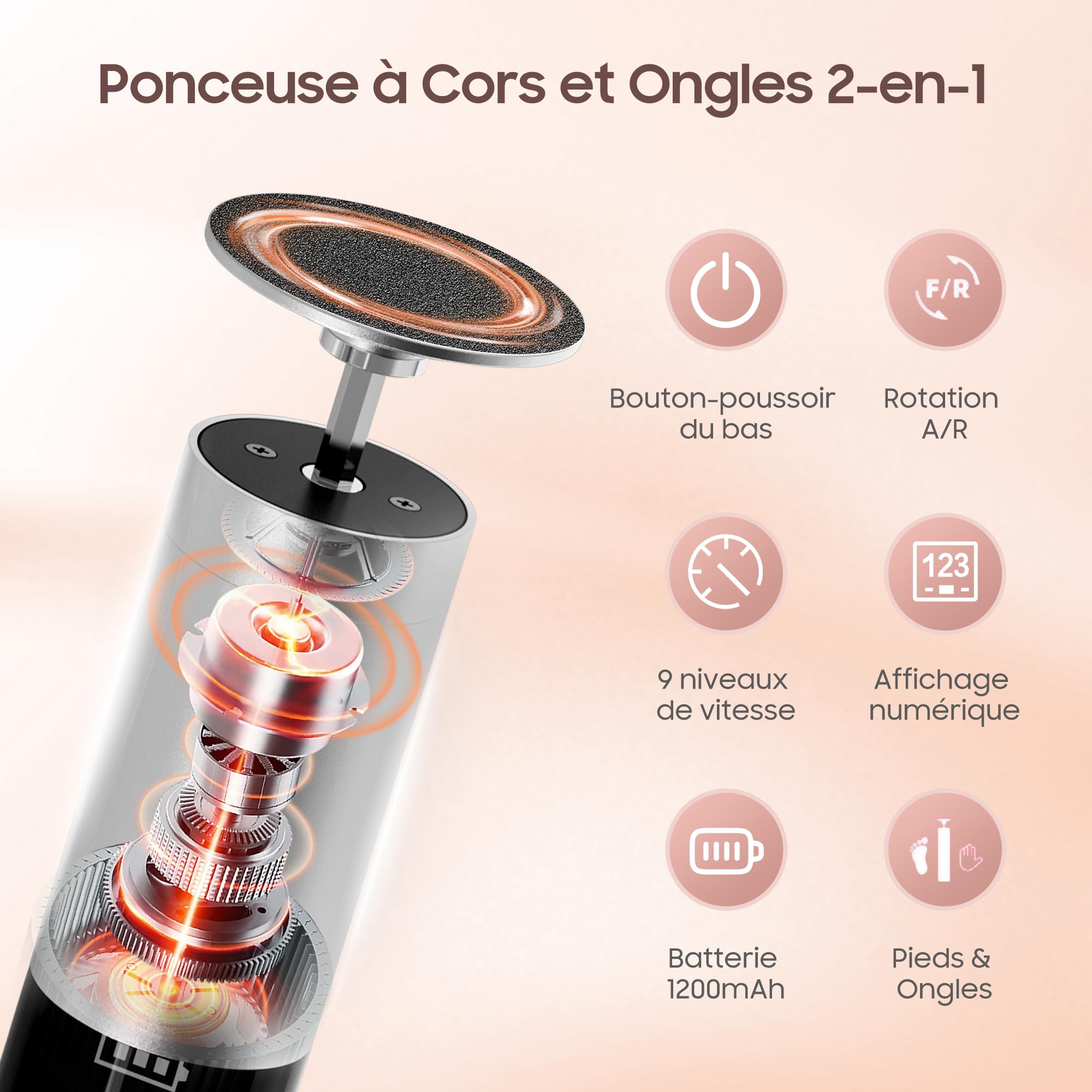 Éliminateur électrique de callosités et lime à ongles - Ensemble de pédicure rechargeable 2 en 1 avec 9 vitesses, affichage, 30 tampons abrasifs pour peau morte dure/callosités/talons