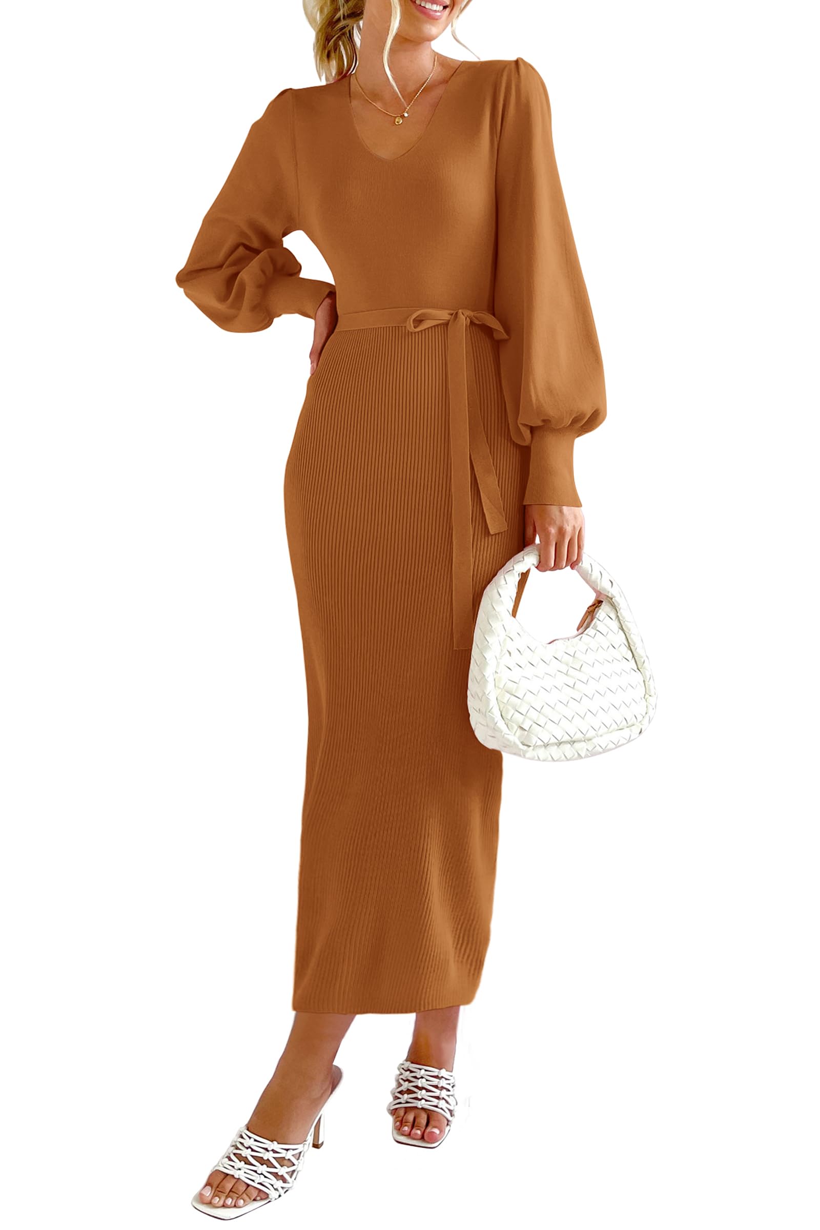 PRETTYGARDEN Womens Fall Knit Pullover Sweater Dress Elegant Long Lantern Sleeve V Neck Winter Maxi Bodycon Dresses