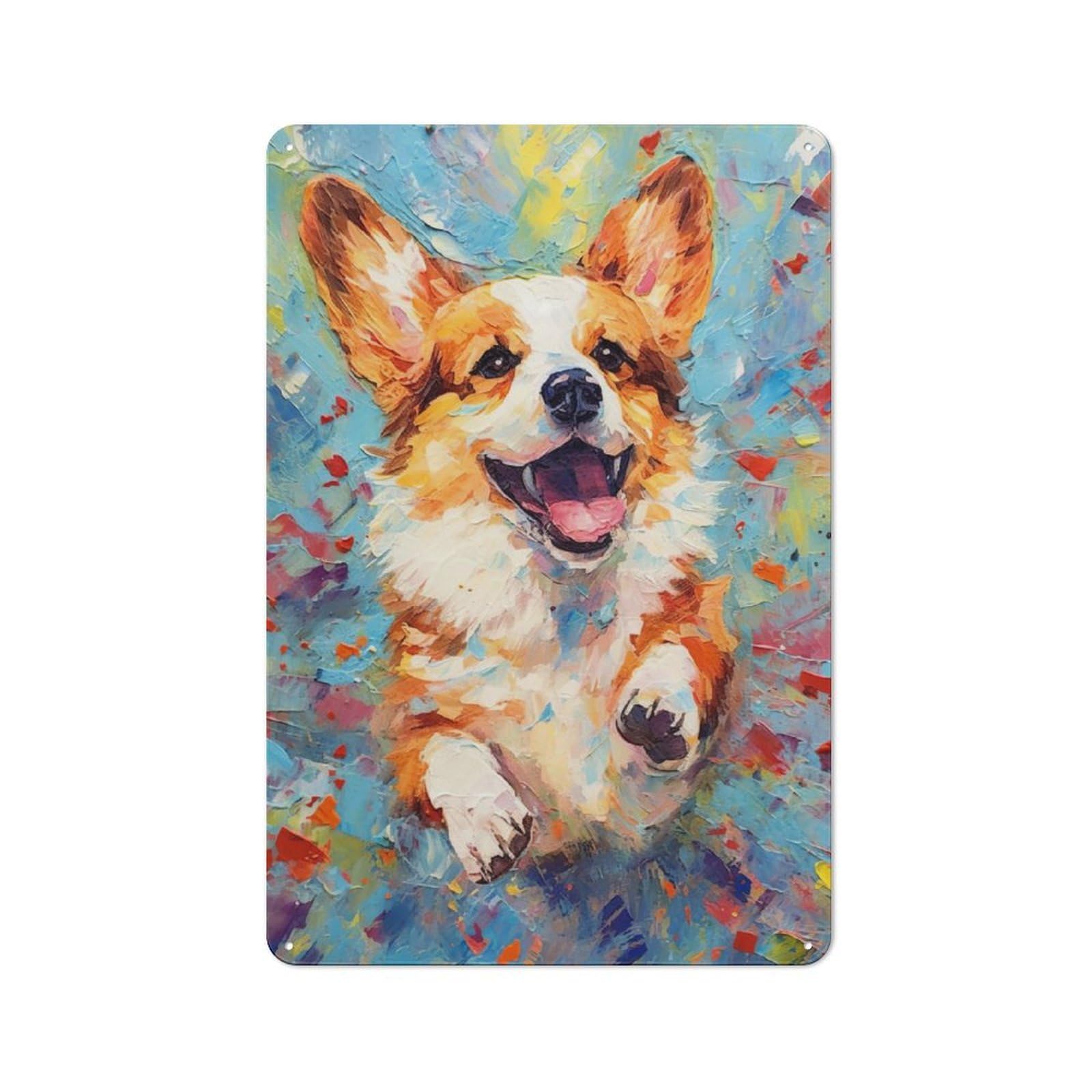 Junmoney Palette Corgi Dog Painting Retro Metal Wall Sign 30X20cm With For Home Bar Wall, A Housewarming Gift For Hosts Who Enjoy Retro Interiors