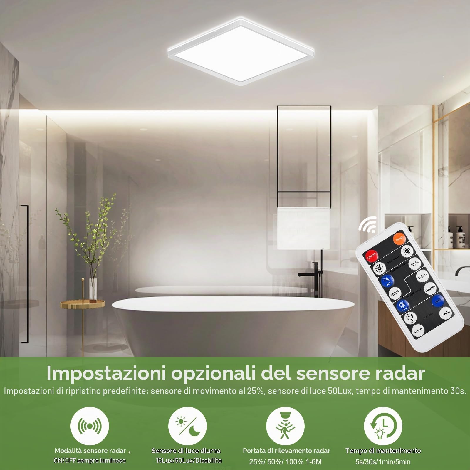 LEZOE Plafoniera LED con rilevatore di movimento, LED Radar lampada Sesor 24W 2400LM dimmerabile, sensore 3000K/4000K/6500K IP54 per bagno, garage, scale, cantina, corridoio, balcone 30x30x2,5 cm