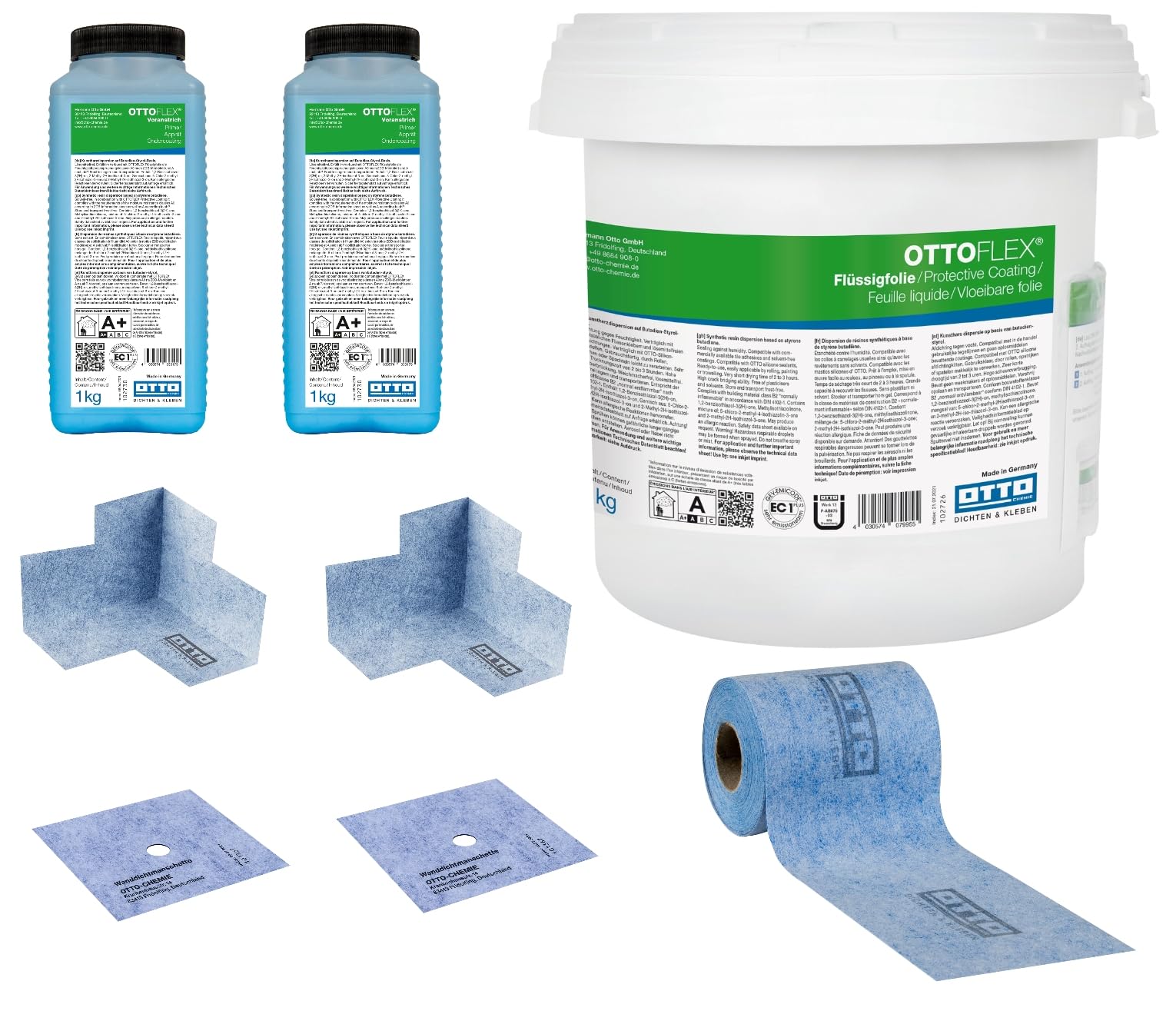 OTTOFLEX Komplett-Dichtset mit 12 kg Flüssigfolie und 1 Beutel Farbpaste (10g) 2 kg Voranstrich 2 Wanddichtmanschetten 15 x 15 cm 10 Meter OTTOFLEX Objektdichtband 2 Innenecken Abdichtung