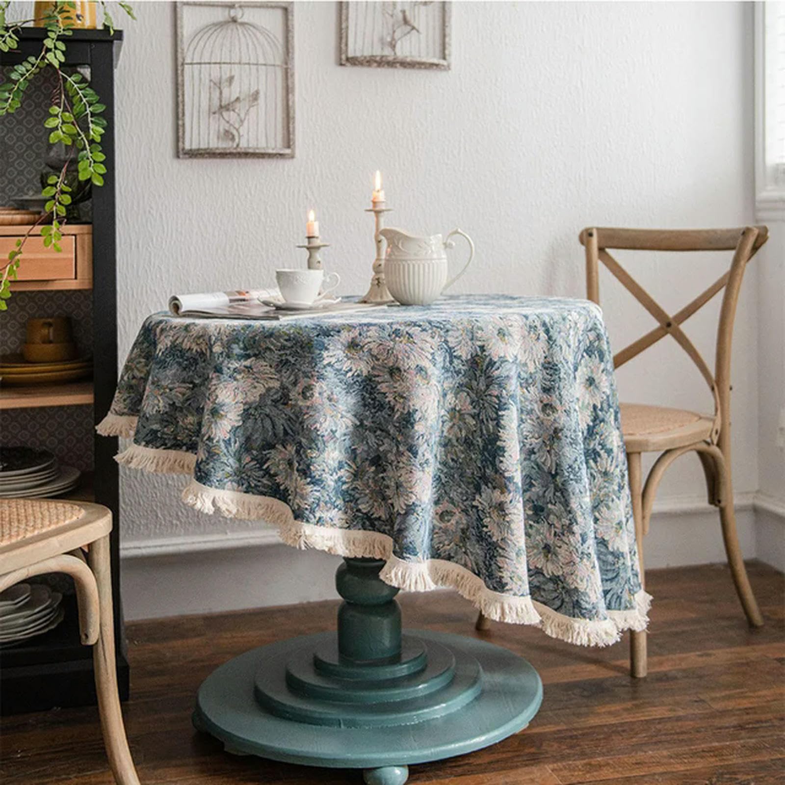 Nappe ronde en coton et lin à pompons motif tournesol pour décoration de table de salle à manger