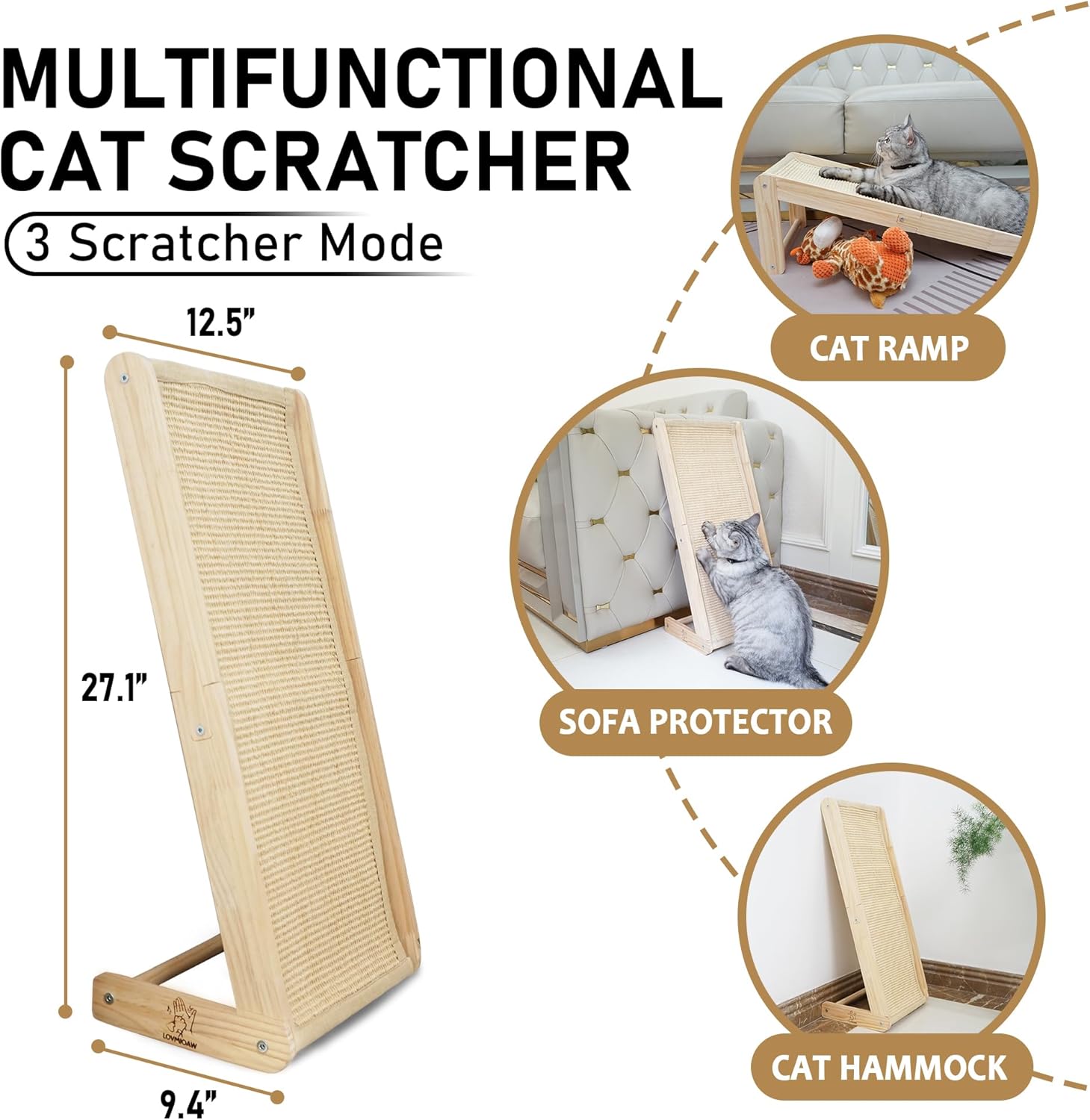 review Cat Scratcher, L-Shape Cat Scratcher for Indoor Cats, Three Modes Cat Scratcher, Durable Natural Sisal Cat Scratch Furniture Protector（Free Catnip）