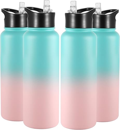 Miniatura 32 de VEGOND Botella de agua aislada de 32 onzas, botellas de agua metálicas de acero inoxidable a granel con tapa de popote a prueba de fugas y tapa de