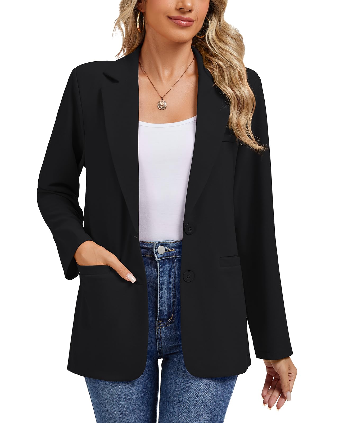 MINTLIMIT Long Sleeve Blazer Jackets for Women Shoulder Pad Button Front Notch Lapel Casual Lightweight Blazers with Pockets