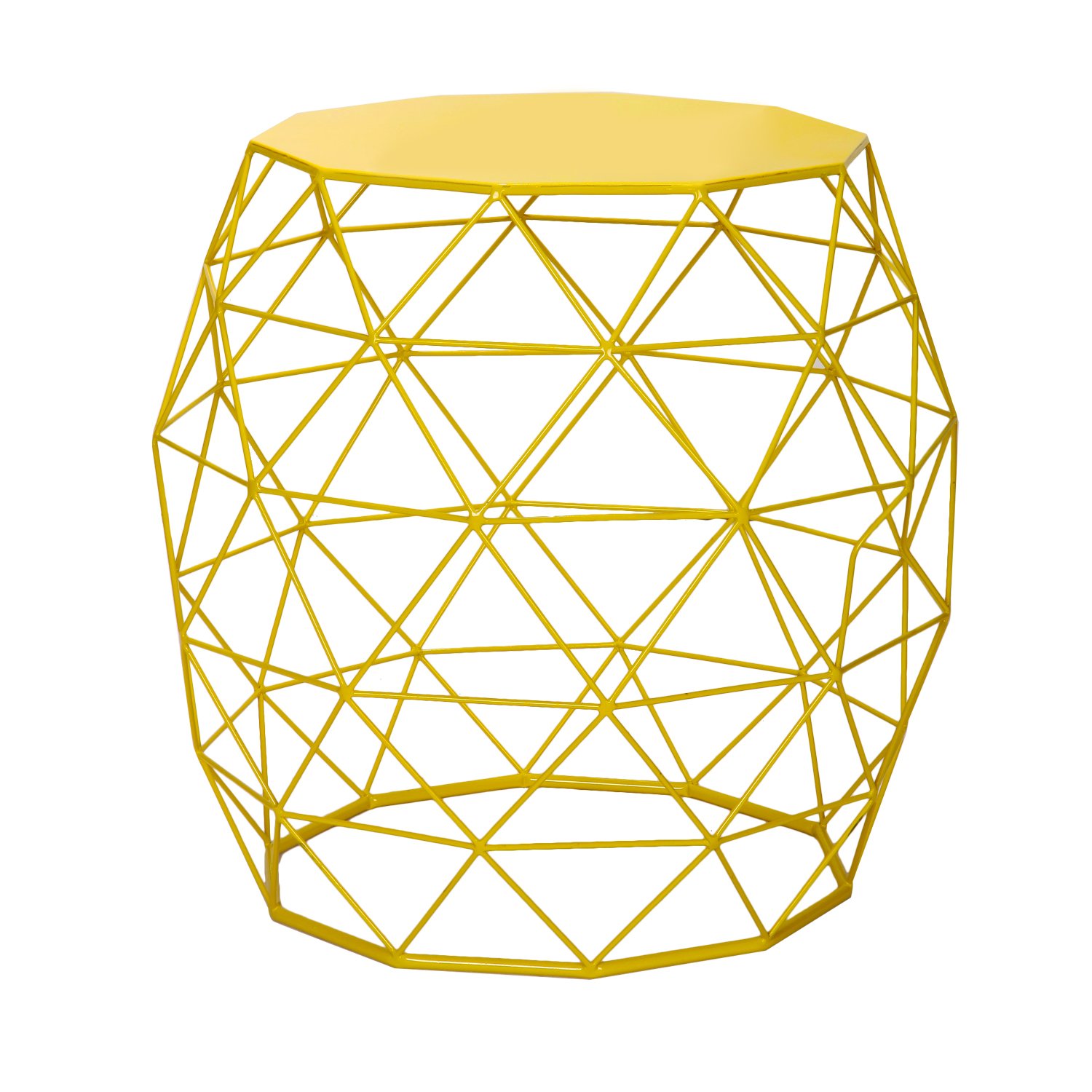 Adeco Home Garden Accents Wire Round Iron Metal Stool Side End Table Plant Stand Chair Hatched Diamond Pattern, Bright Yellow