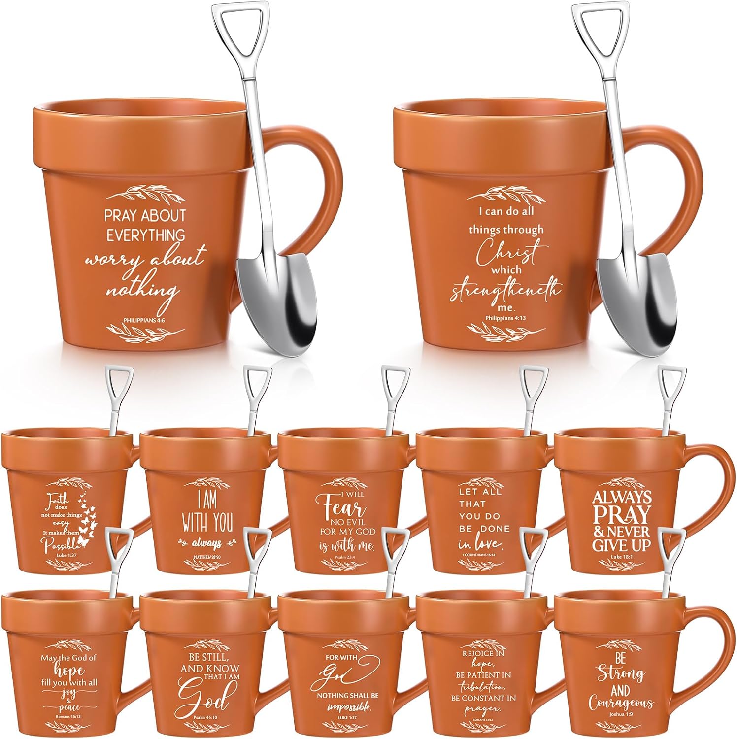 12 Pcs Mother's Day Christian Gifts for Women 11oz Flowerpot Bible Verse Coffee Mugs with Shovel Spoons Bulk Religious Gifts for Mom Grandma Church Pastor Sunday School Teacher Team(Leaf)