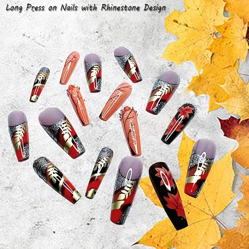 Miniatura 4 de 24 uñas postizas largas a presión con diseño de ataúd con diamantes de imitación, uñas postizas de cobertura completa, uñas postizas de otoño,