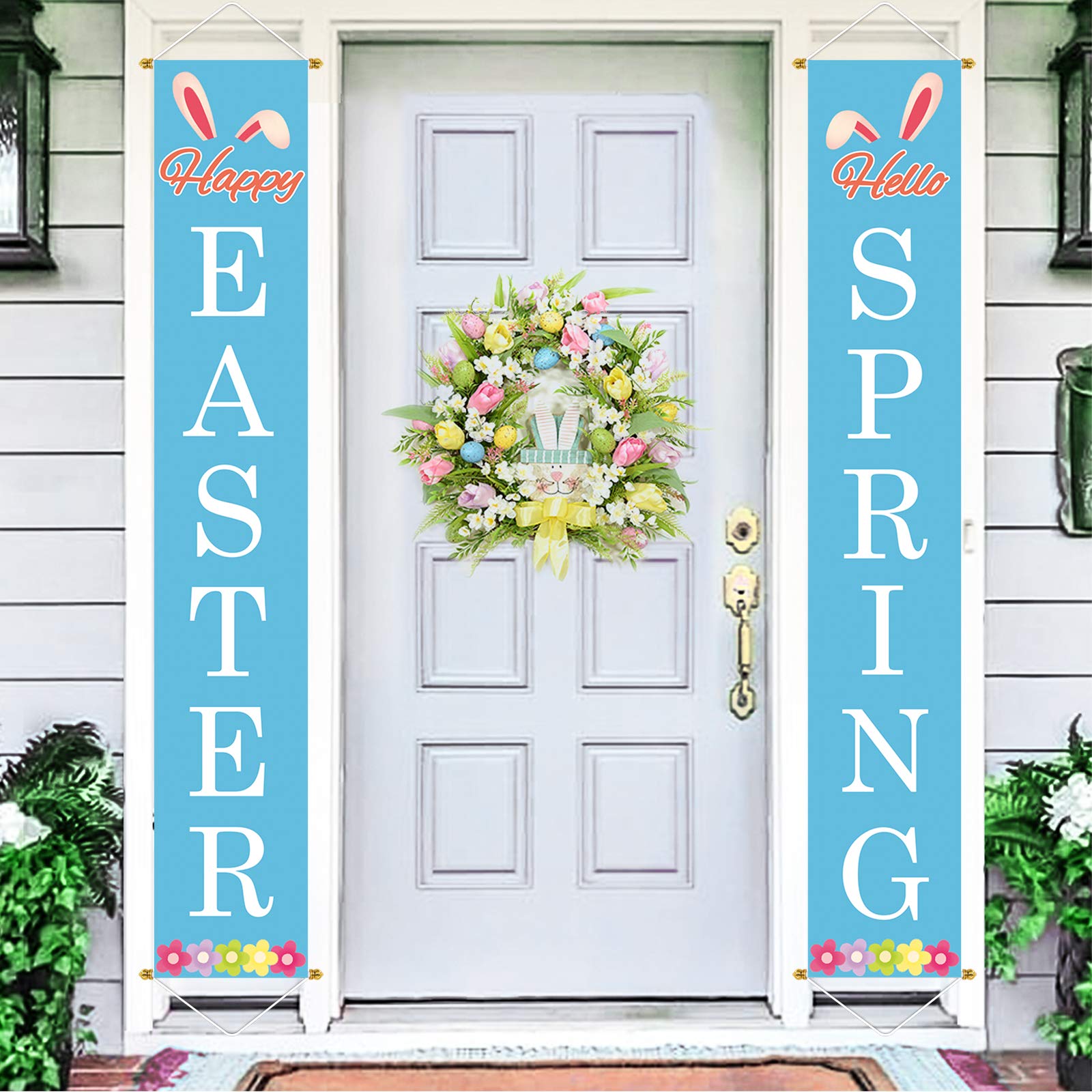 Ivenf Pasen Veranda Teken Set Hallo Lente Happy Easter Blauwe Banners 2 stuks, Opknoping Decoraties voor Thuis Outdoor Indoor Muur Voordeur Decor