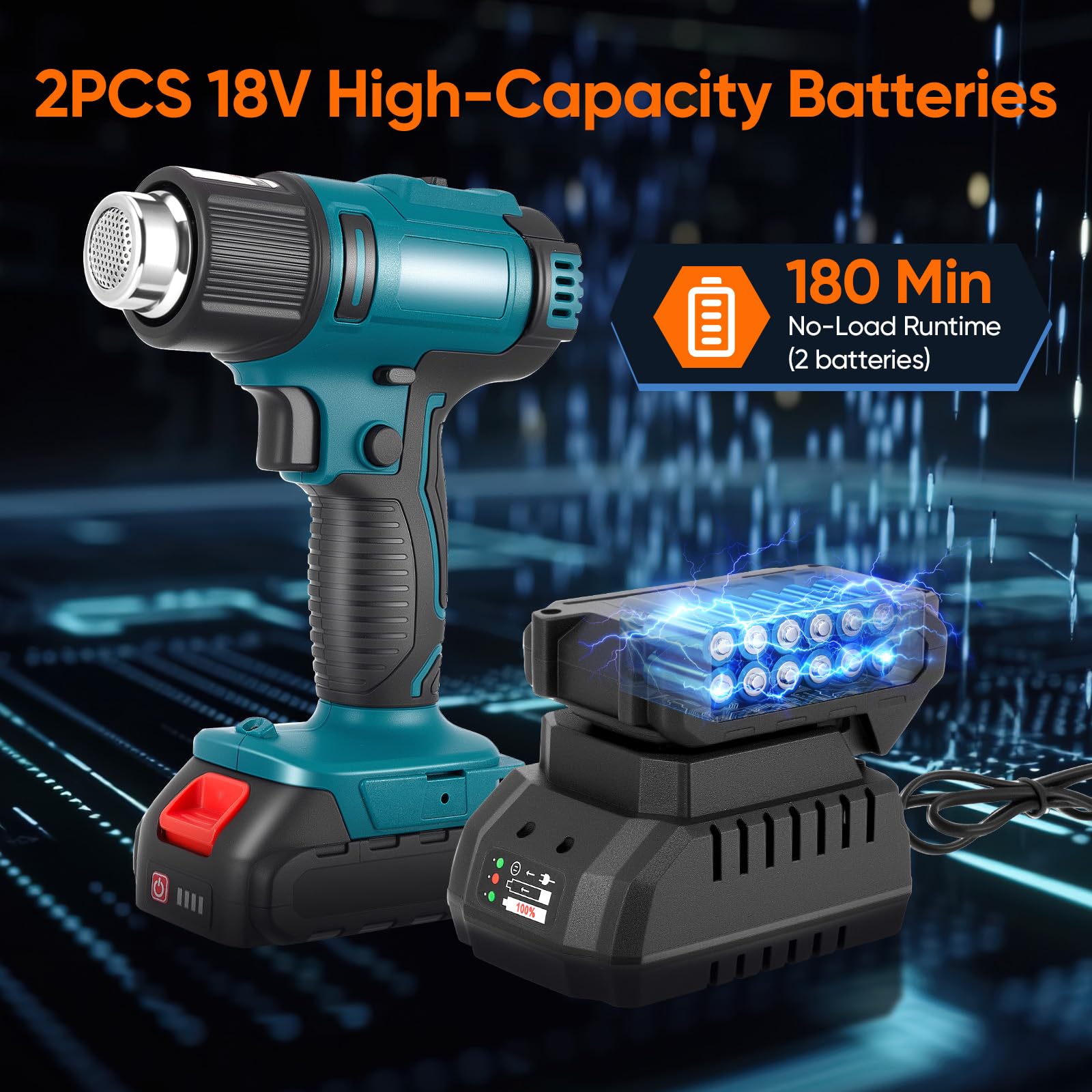 Secador de aire caliente con batería, pistola de aire caliente con batería, calentamiento rápido hasta 550°C, control de doble temperatura, con pantalla LCD, 5 boquillas y 2 raspadores, ideal para