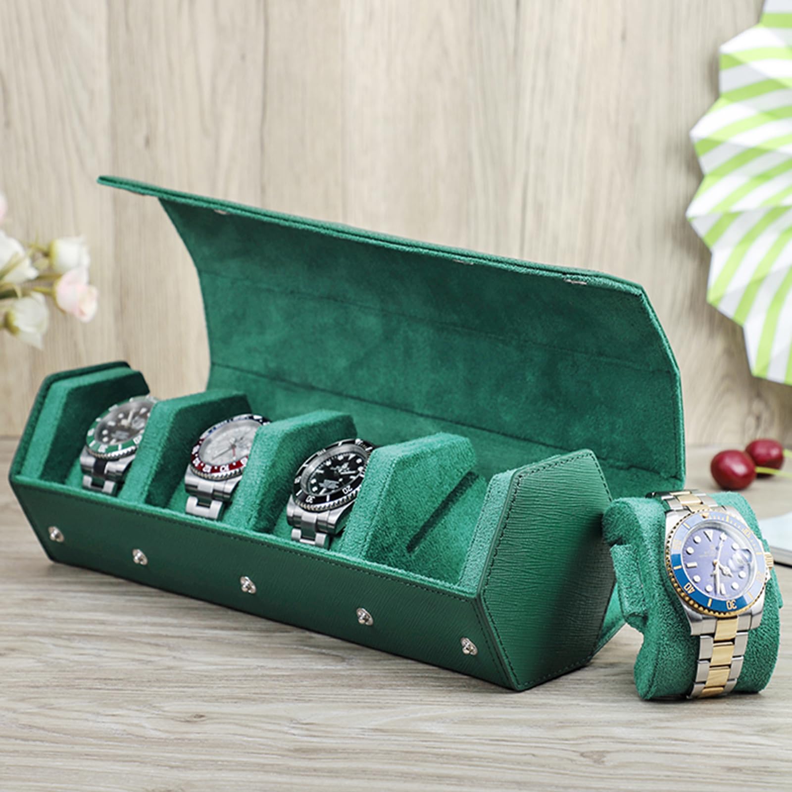 Hiram Custodia a rullo per orologi, in vera pelle, esagonale, per 4 orologi, custodia da viaggio per orologi, organizer protettivo per orologi da polso (personalizzata)