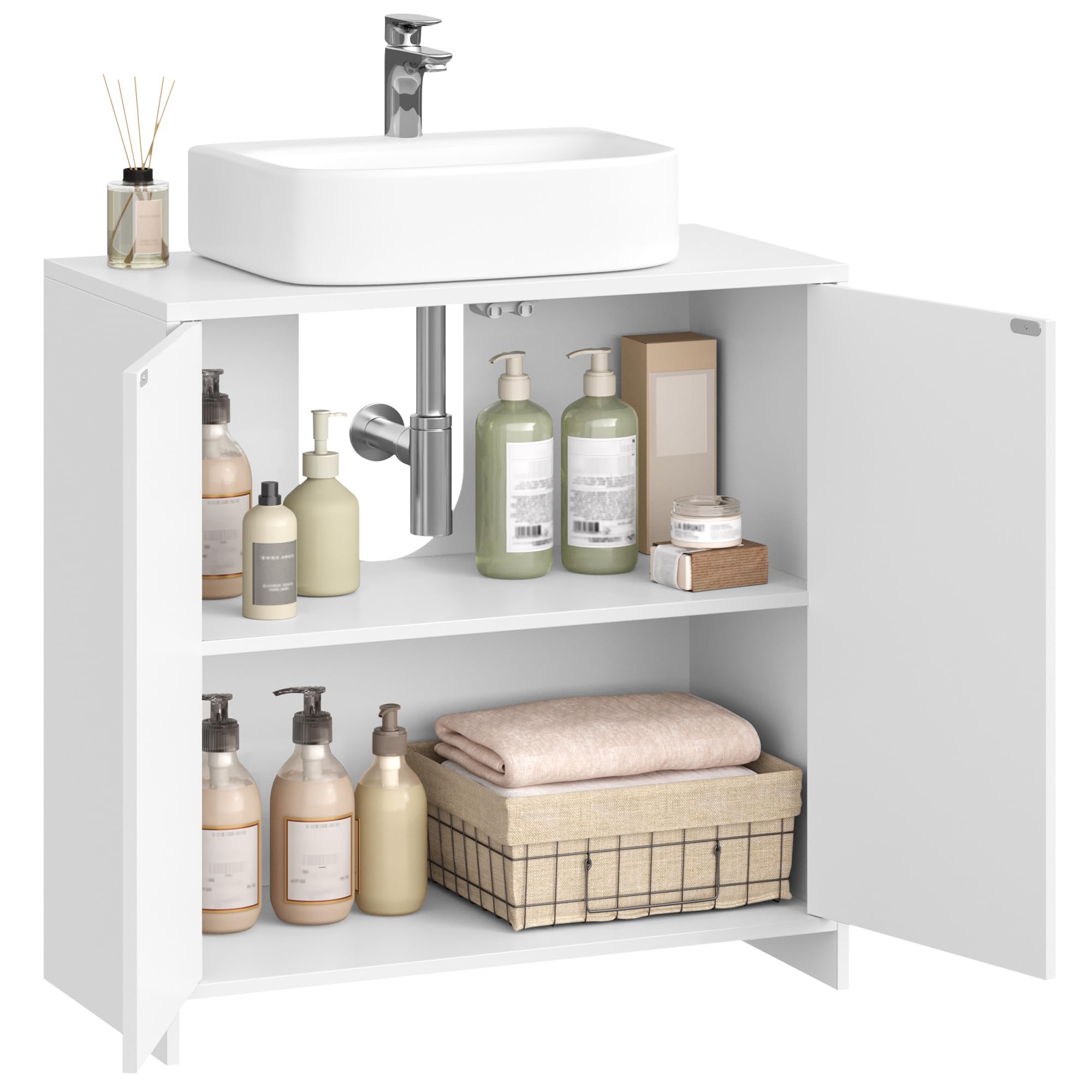 Hzuaneri Waschbeckenunterschrank, Unterschrank, Badezimmerschrank, Verstellbare Einlegeböden, Badschrank mit 2 Türen, Freistehend, Moderner, 30 x 60 x 60 cm, Weiß BC00603X