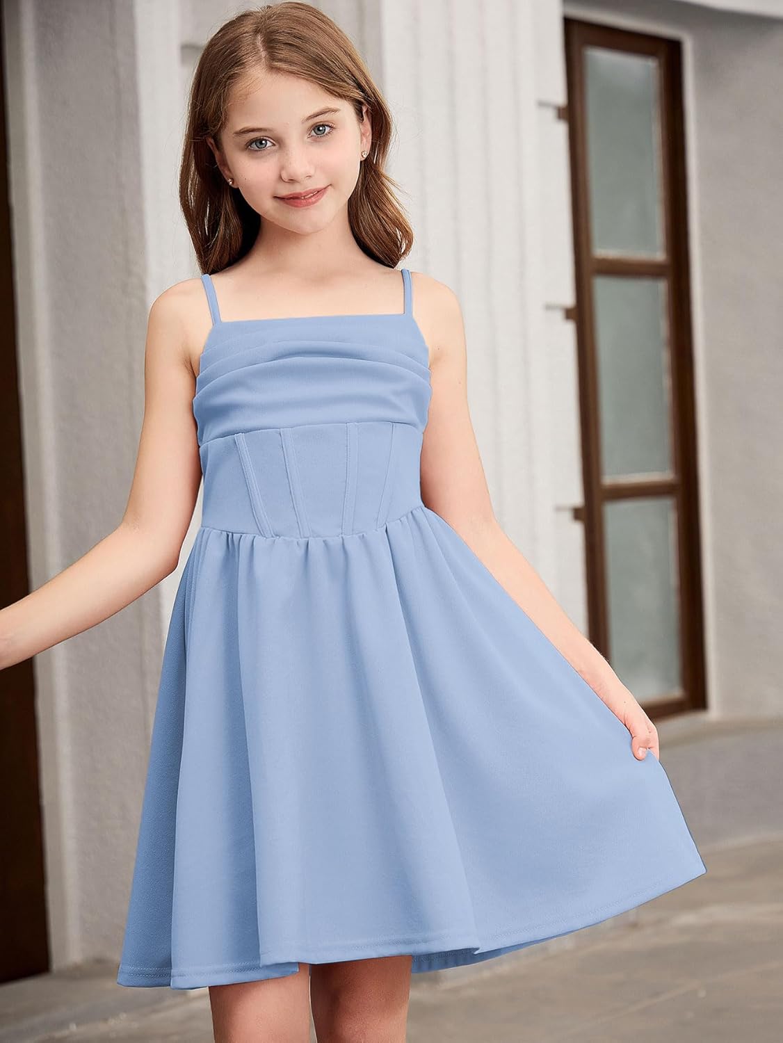 OYOANGLE Girl's Spaghetti Strap Ruched Ruffle Hem Sleeveless Summer Flowy Short Dresses - Image 4
