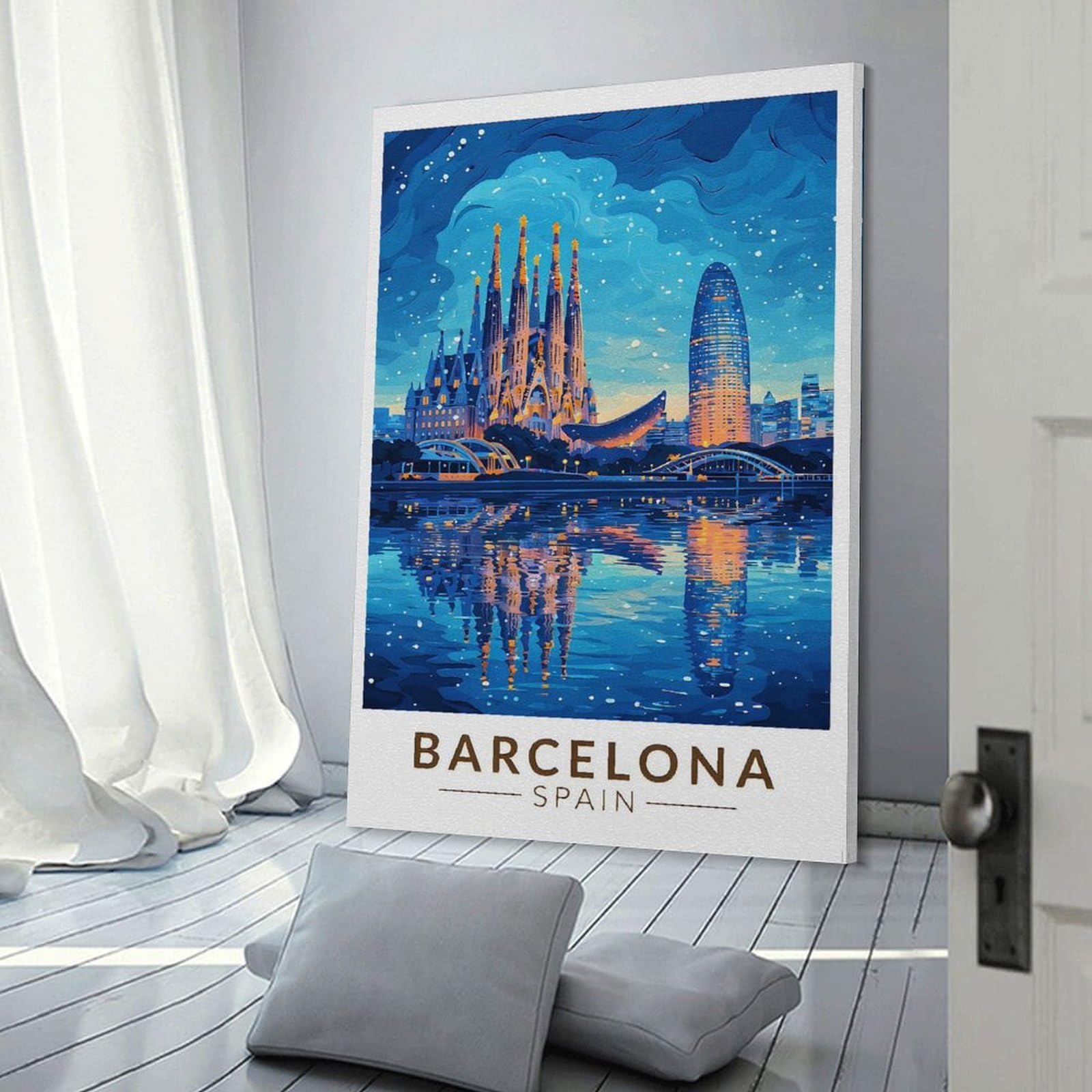 Junmoney Barcelona Skyline at Night Hanging Wall Art, 20x30inch(50x75cm), for Entryway, Lounge Links Or Small Walls, Home Artwork for First Impressions