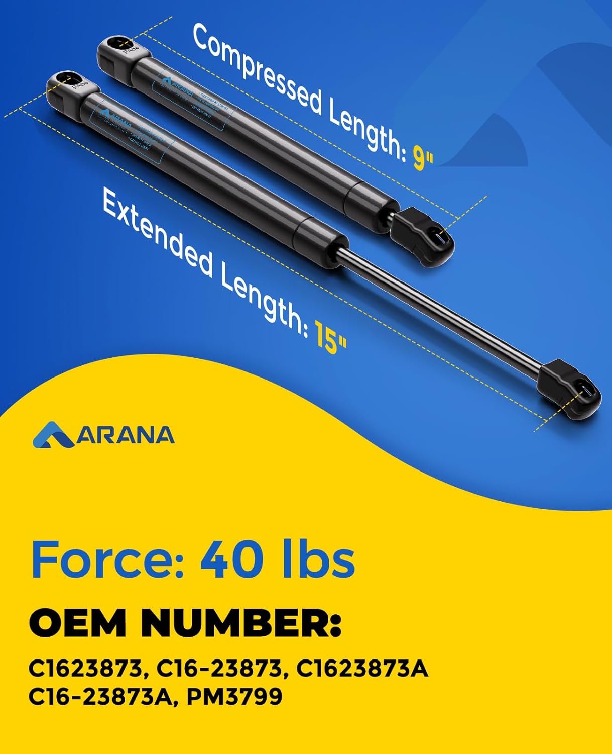 ARANA C16-23873A 15 inch 40LB Gas Struts, 15 in 40 Pound Gas Shocks Spring Lift Support for Leer Camper Shell A.R.E Truck Cap Window Topper Canopy Tool Box Lid Replacement, 2 Pcs