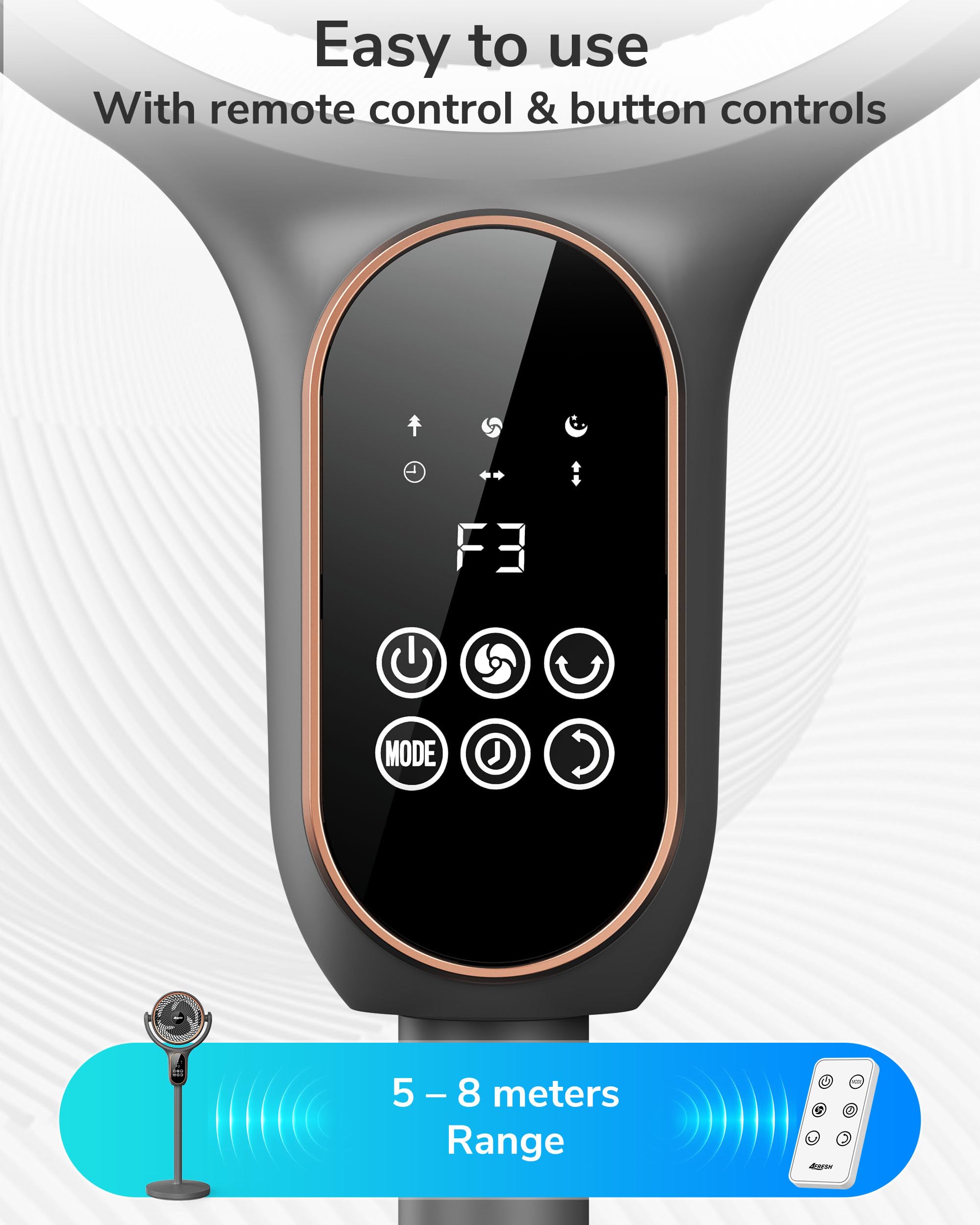 Ventilatore circolatore d'aria a piantana, oscillante 70° orizzontale e 90° verticale, max 6,6 m/s, 6 livelli di vento, 3 modalità, timer 12h, telecomando con batteria a bottone, cavo di