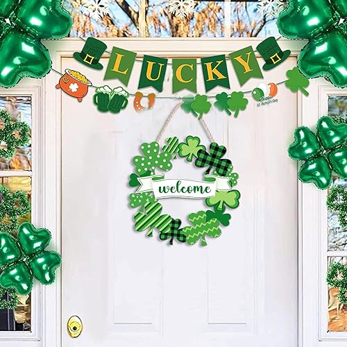 Vista 2 de Corona del día de San Patricio para puerta delantera, trébol de bienvenida del día de San Patricio, decoración del día de San Patricio, colgador