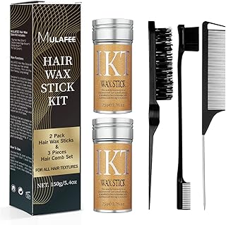 2 Pack Hair Wax Stick with Hair Comb Kit, Wax Stick for Smooth Hair Wigs, Non-Greasy Styling Wax for Fly-Away and Edge Frizz, 2 Pcs Hair Wax & 3 Slick Brushes Set