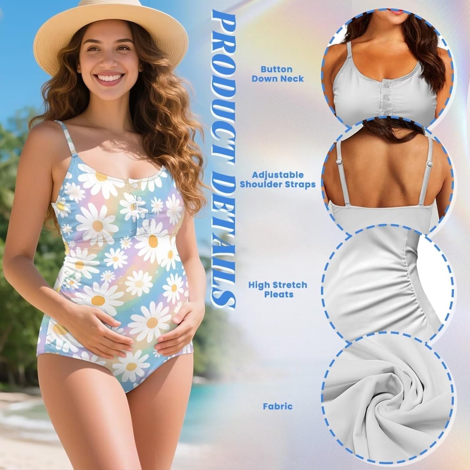 Women's One Piece Swimsuit Maternity Crew Neck Pregnancy Bathing Suit Back Self Tie Spaghetti Strap