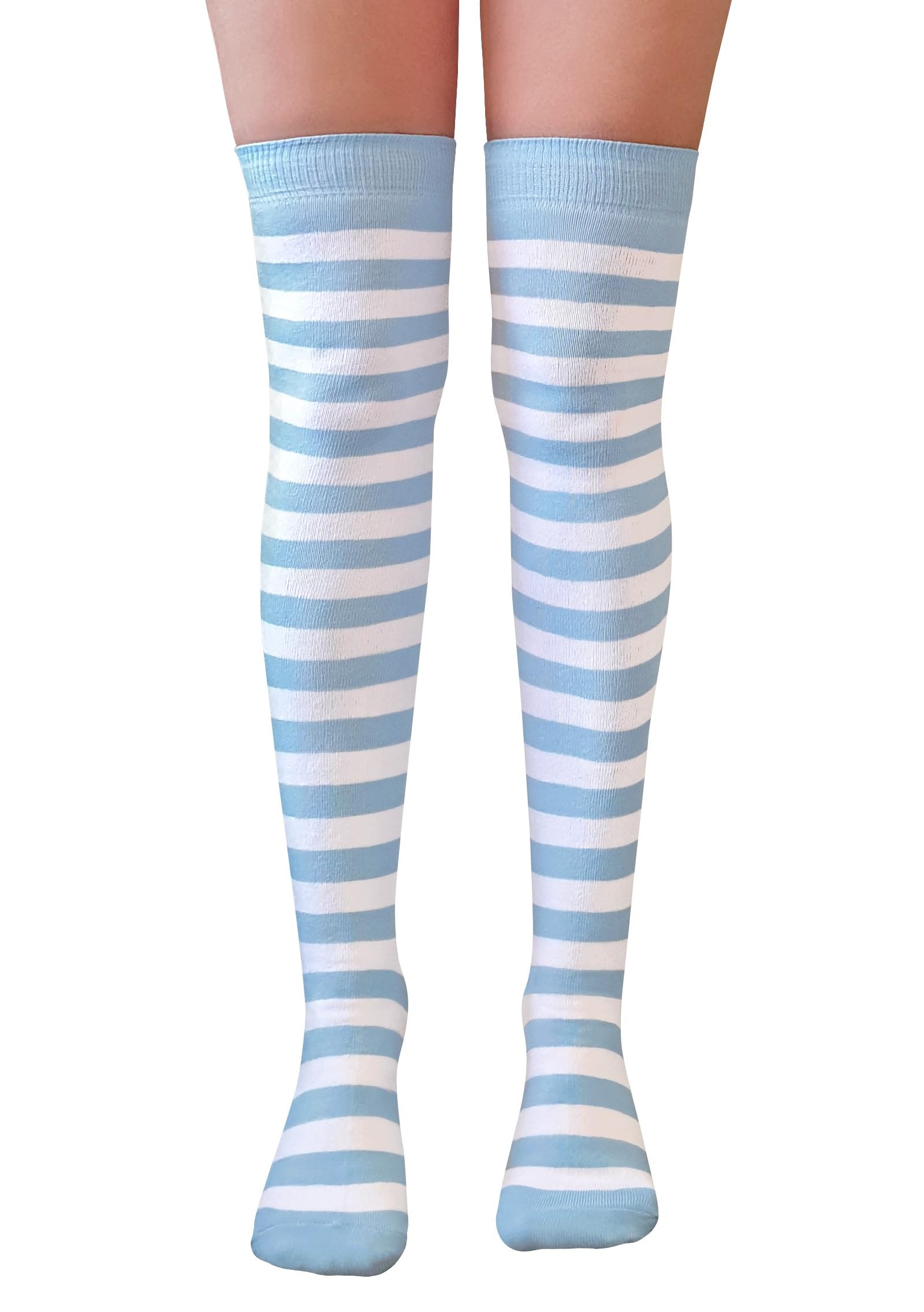Nujake Girls Baby Blue & White Striped Over The Knee Socks Fancy Dress Cosplay Uk Size 4-5.5 (Cotton Blend, )