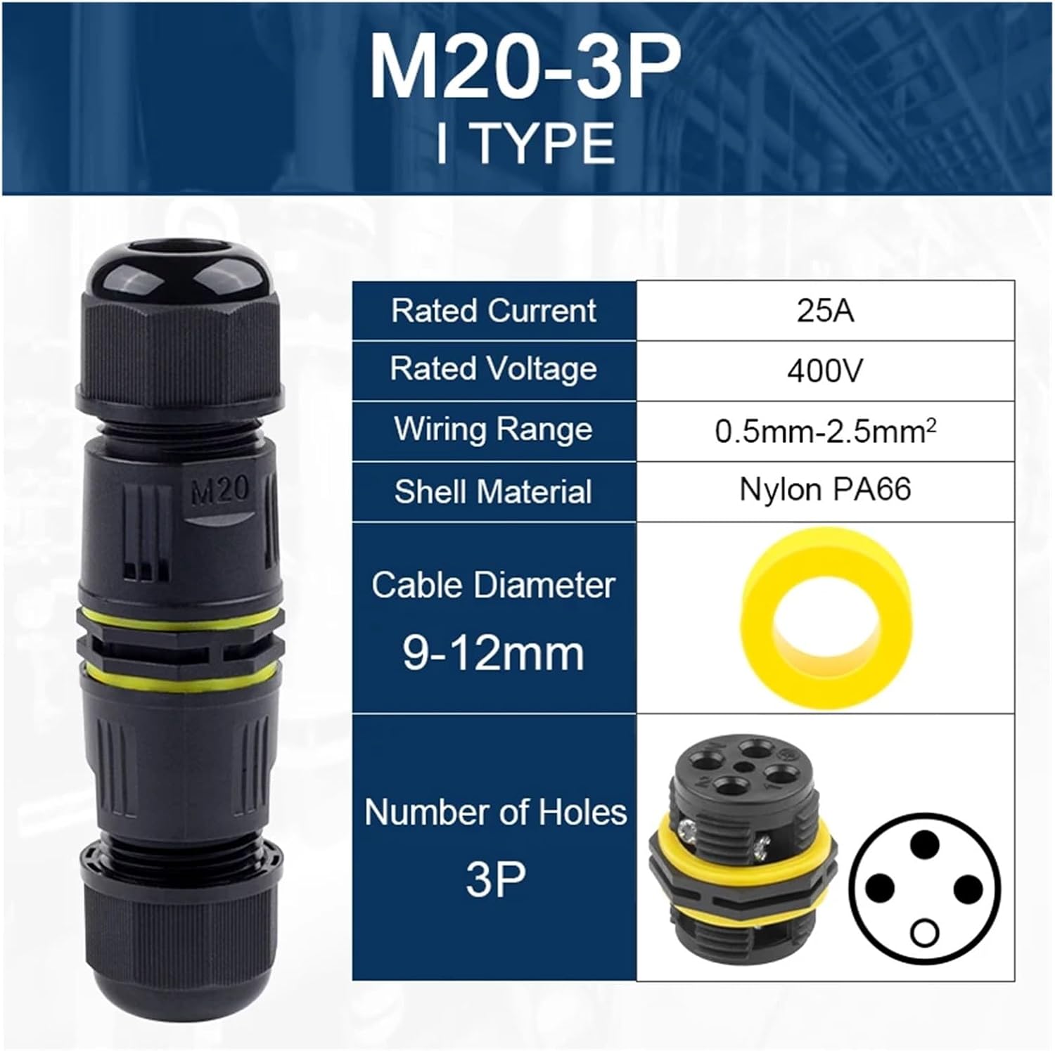 Waterproof Fast Coupling 2/3/4 Core Screw Crimping Connection for Outdoor Cable Electrical Connector(M20-3P(9-12mm))