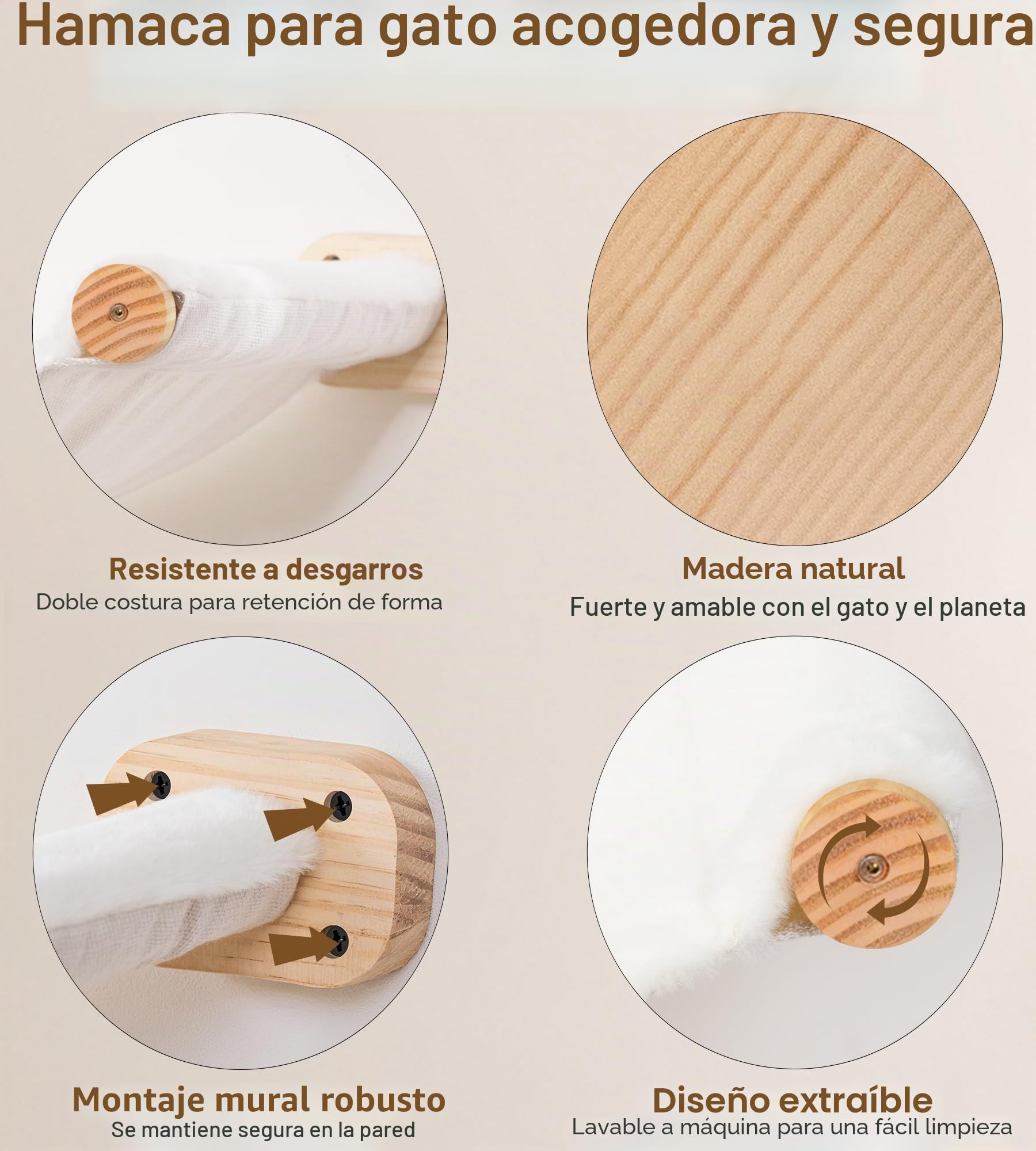 Hamaca para gatos, cama y percha montada en la pared, muebles de pared para gatos con 2 escalones, estantes de madera para gatos, para dormir, jugar, escalar, descansar