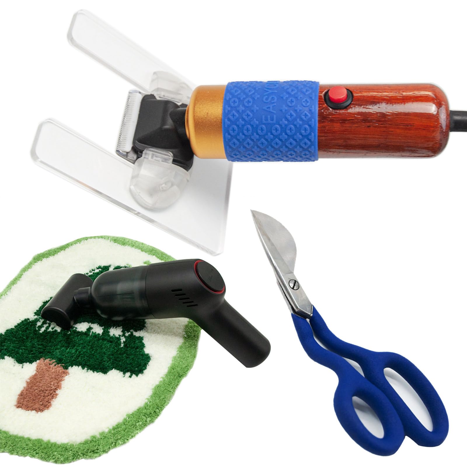 Kit di tagliabordi per tappeti da 200 W con tosatrice per toelettatura, guida di taglio aggiornata, aspirapolvere da 50 W e forbici a becco d'anatra per tappeti tufting