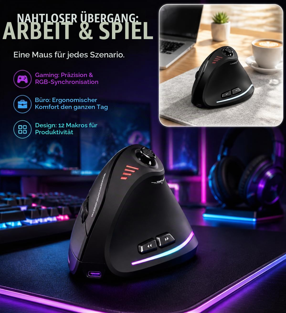 TKMARS Kabellose Ergonomische Maus mit Joystick, vertikale Bluetooth-Gaming-Maus, 12 programmierbare Tasten, 24000 einstellbare DPI, Gaming-Maus für PC, MacBook und Laptops