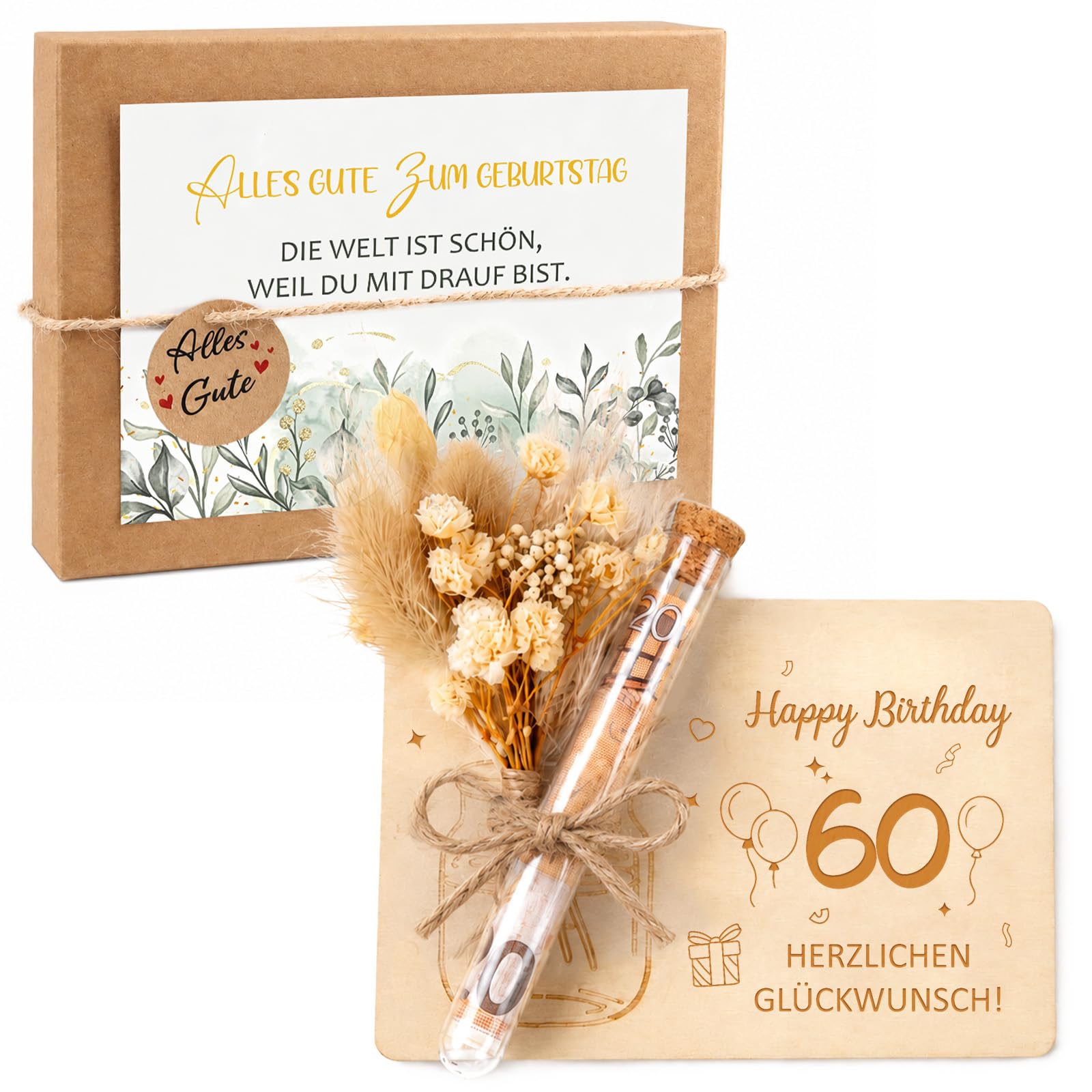 Anruzon Geldgeschenk 60. Geburtstag Frau Mann, Holz Geburtstagskarte | Geschenkbox mit Trockenblumen, Grußkarte, Lustige Geburtstagsgeschenk für 60 jährige, Geschenke zum 60 Geburtstag Frau Mann
