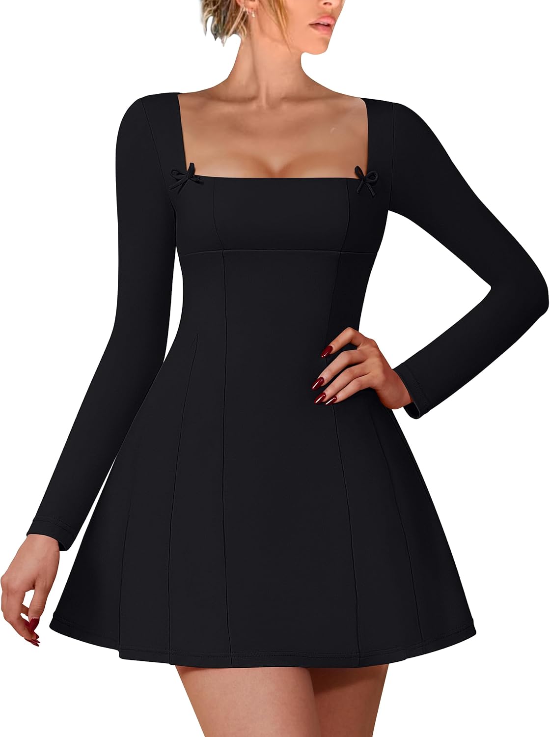 Women's Sexy Long Sleeve Square Neck Party Club A-line Short Mini Dress