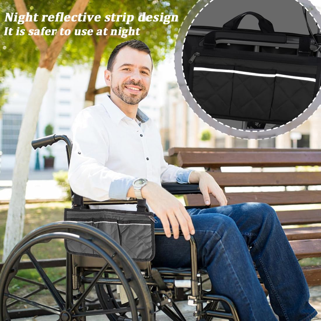 Sedie a rotelle, scooter disabili e accessori,Borsa portaoggetti per passeggino, striscia riflettente, borsa portaoggetti laterale per bracciolo sedia a rotelle