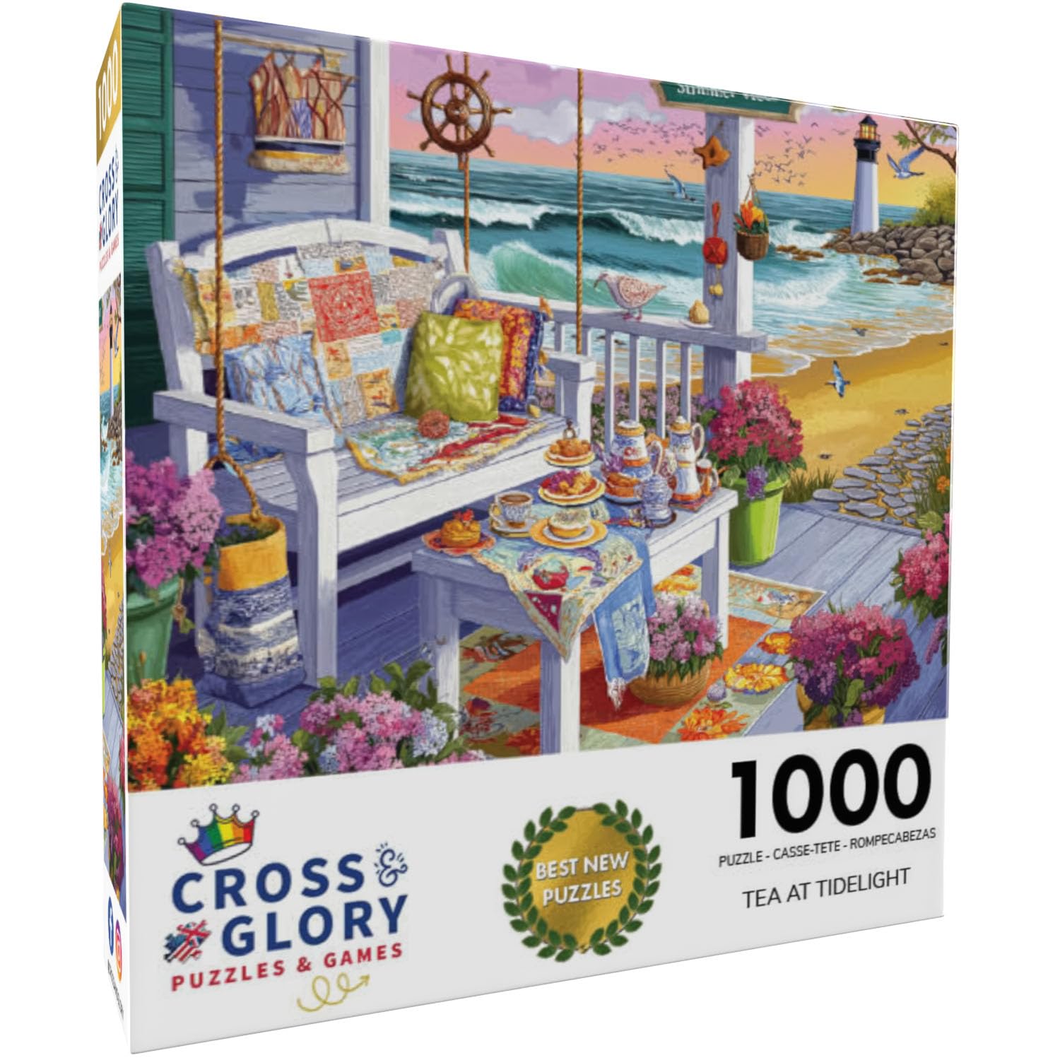 Cross & Glory – Tea at Tidelight – 1000 Piece Jigsaw Puzzle for Adults | Cozy Seaside Porch & Lighthouse Sunset Scene | Whimsical Coastal Puzzle