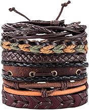 dinghaole 6 Pièces Bracelet Homme, Bracelet Acier Inoxydable, Bracelet en Cuir tressé pour Hommes Femmes Bracelet en Bois perlé Manchette Wrap réglable