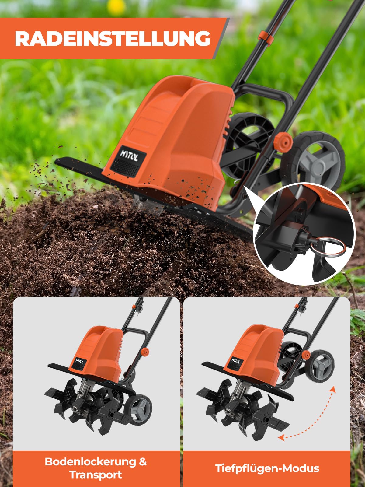 MYTOL 1500W Motorhacke Elektrisch, 45cm Arbeitsbreite, 22cm Arbeitstiefe, Leichtgewichts-gartenfräse mit 6×4 Robuste Stahlzinken, Klappbarer Griff, Doppelter Sicherheitsknopf, Überhitzungsschutz