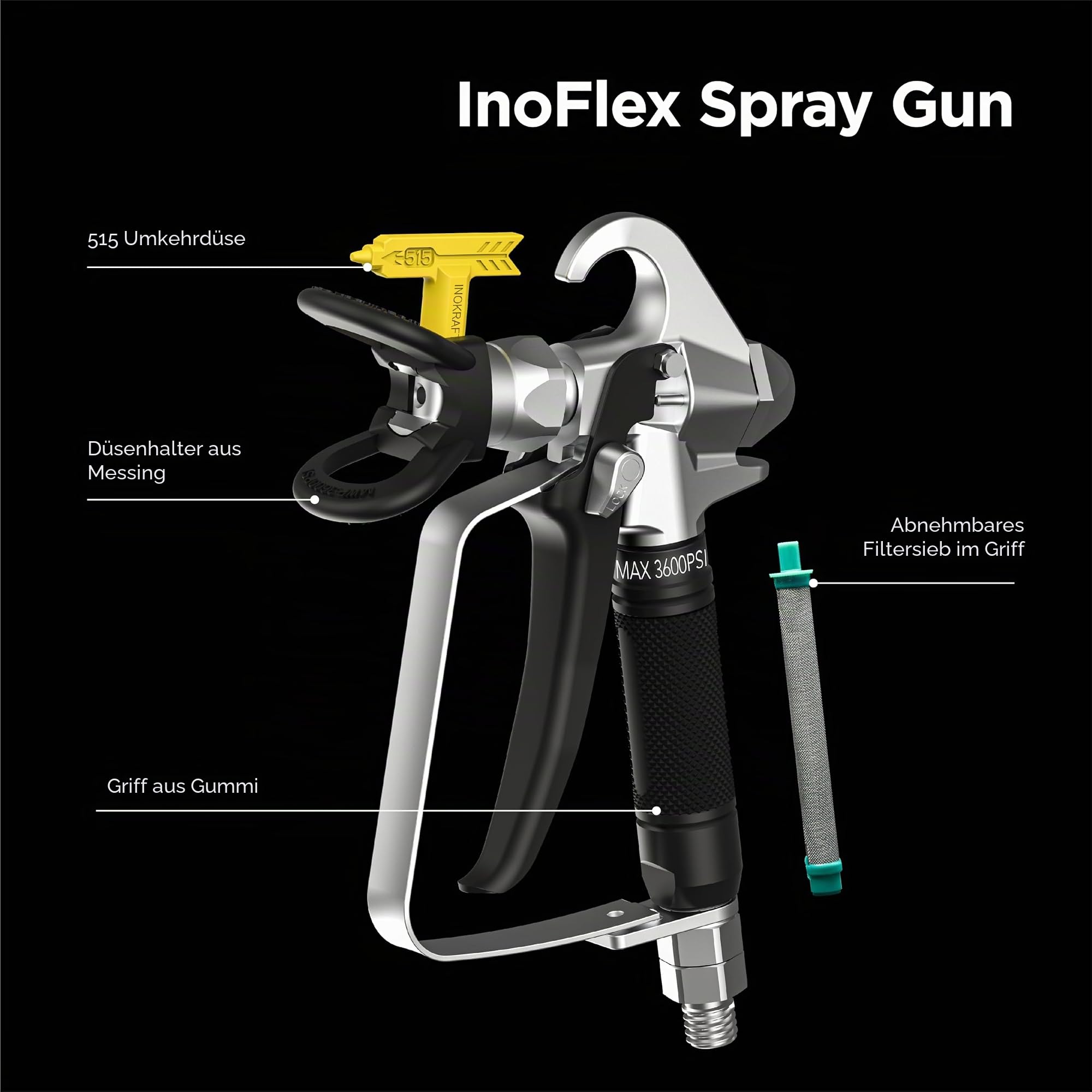 InoKraft Airless-Farbspritzpistole Hochdruck 3600 PSI mit umkehrbarer Düsenspitze Drehgelenk für Airless-Farbspritzgeräte MaXpray M1 & M3, Farbspritzgerät Zubehör
