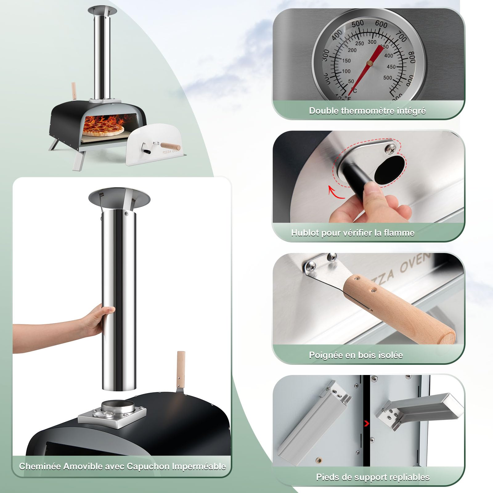 GYMAX Four à Pizza Extérieur à Bois ou à Pellet, avec Thermomètre, Pelle à Pizza, Pierre à Pizza de φ33CM, Température Max. 450 ℃, pour Jardin, Camping, Fête