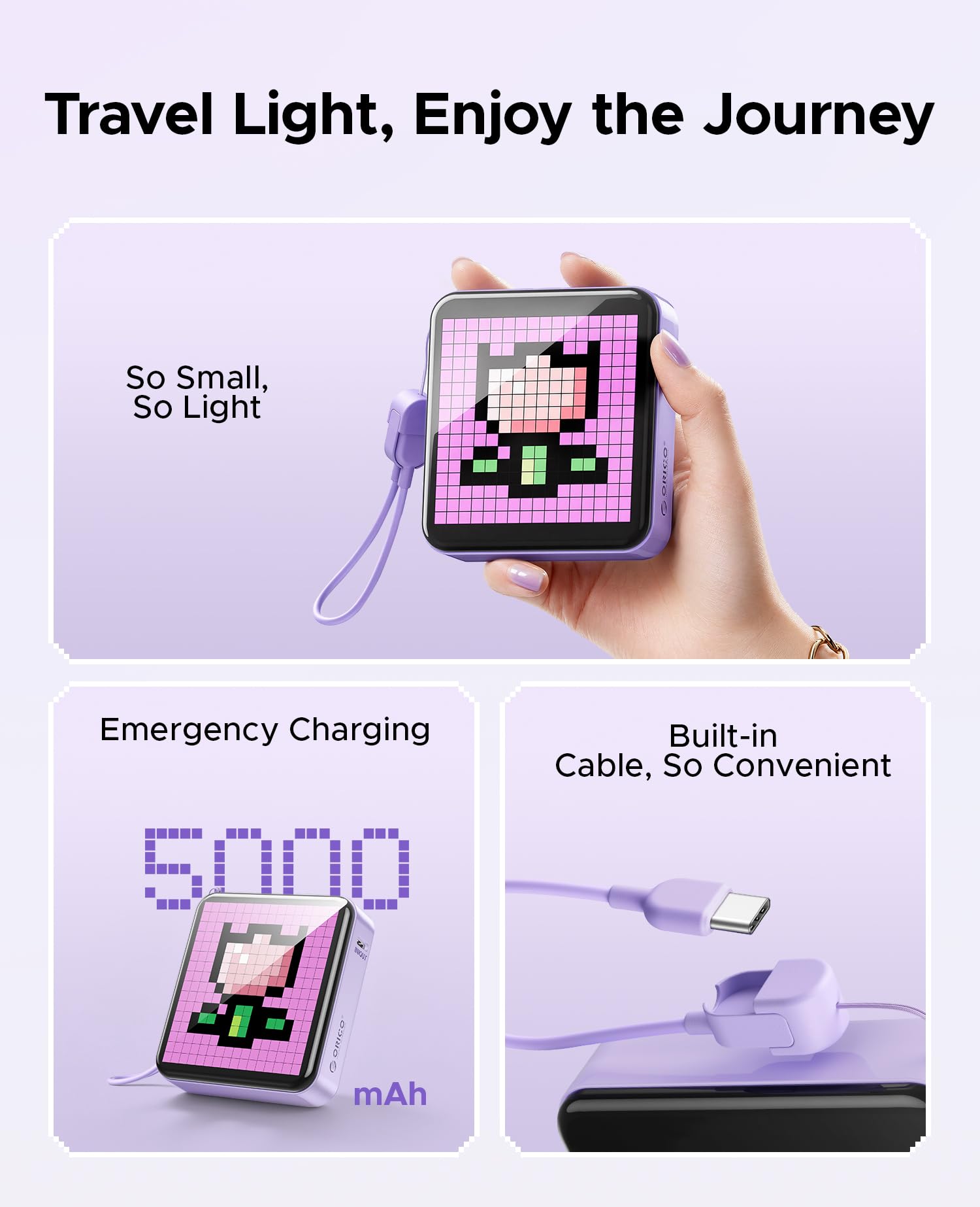 ORICO PixCharge Power Bank Pixel LED, 5000mAh con USB C Cavo, Blu | 256 Pixel LED, animazioni fai-da-te, controllo via App, Sicuro in Aereo, Essenziale da Viaggio, compatto e leggero (132g)