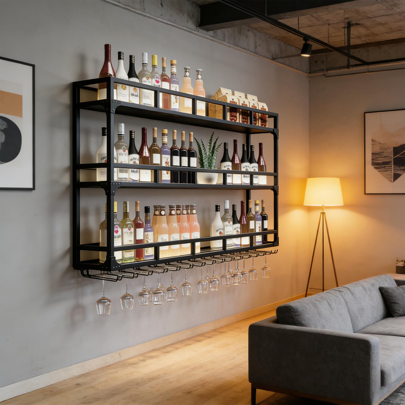 Weinregal Wand, 3 Ebenen Wand-Weinregale mit Glashalter, Multi funktionaler Weinpareite Display Rack,Weinflaschenhalter Wandmontage, für Zuhause, Bar, Küche, Restaurant (BLACK, 150*25*90cm)