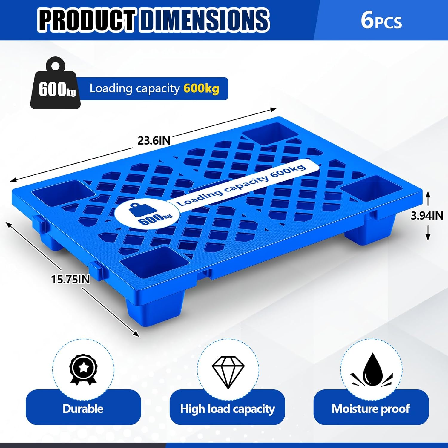 6 Pcs Plastic Pallet Lightweight Nestable Polyethylene Pallets 23.6" x 15.8" x 3.9" Interlocking Storage Pad with Breathable Grids for Basement Restaurant Kitchen Supermarket (Blue)