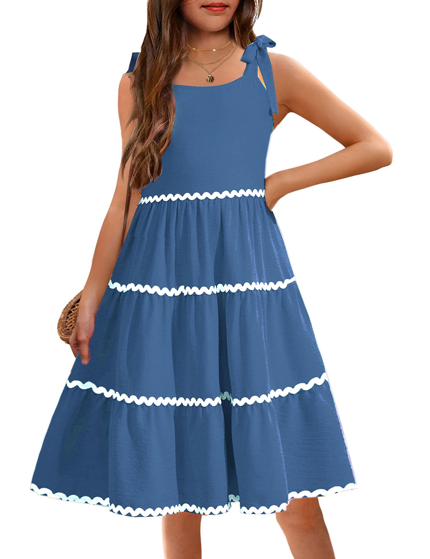 Arshiner Girl's Sundresses Summer Boho Tie Shoulder Cami Midi Tiered Dresses with Pockets